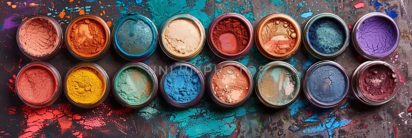 Assorted colorful makeup pigments and powders in small jars, arranged on a dark background.