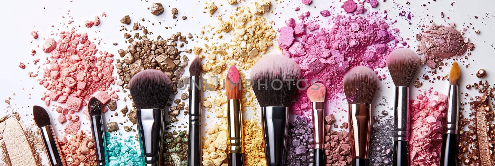 A close-up shot of various makeup brushes covered in colorful eyeshadow and blush powder, arranged artistically on a white background.