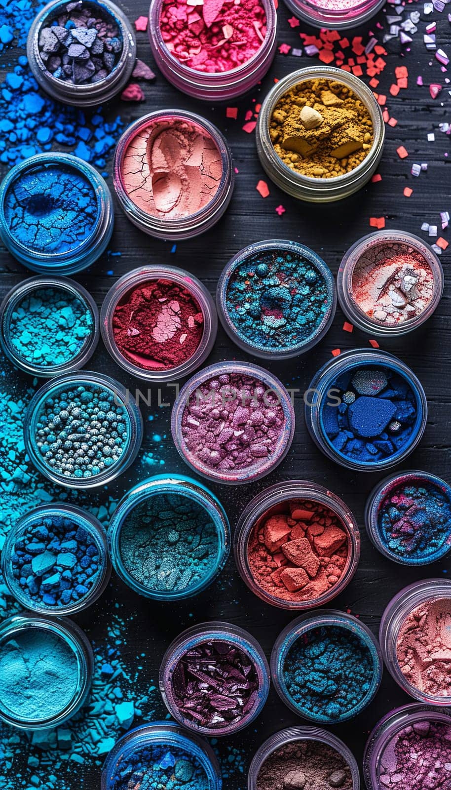 A variety of colorful makeup pigments and powders in small jars, arranged on a black surface.
