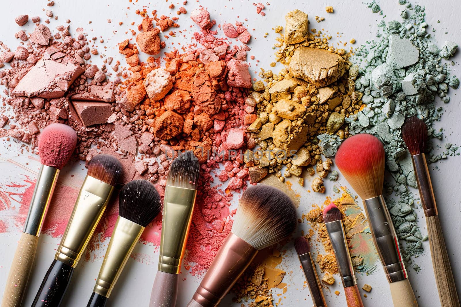 Close-up of assorted makeup brushes covered with vibrant eyeshadow and blush on a white surface.