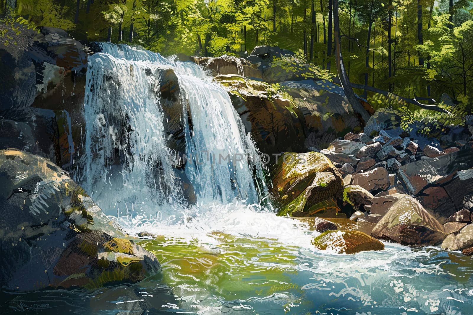 A painting of a waterfall flowing through a lush green forest with rocks. Generative AI by AnatoliiFoto