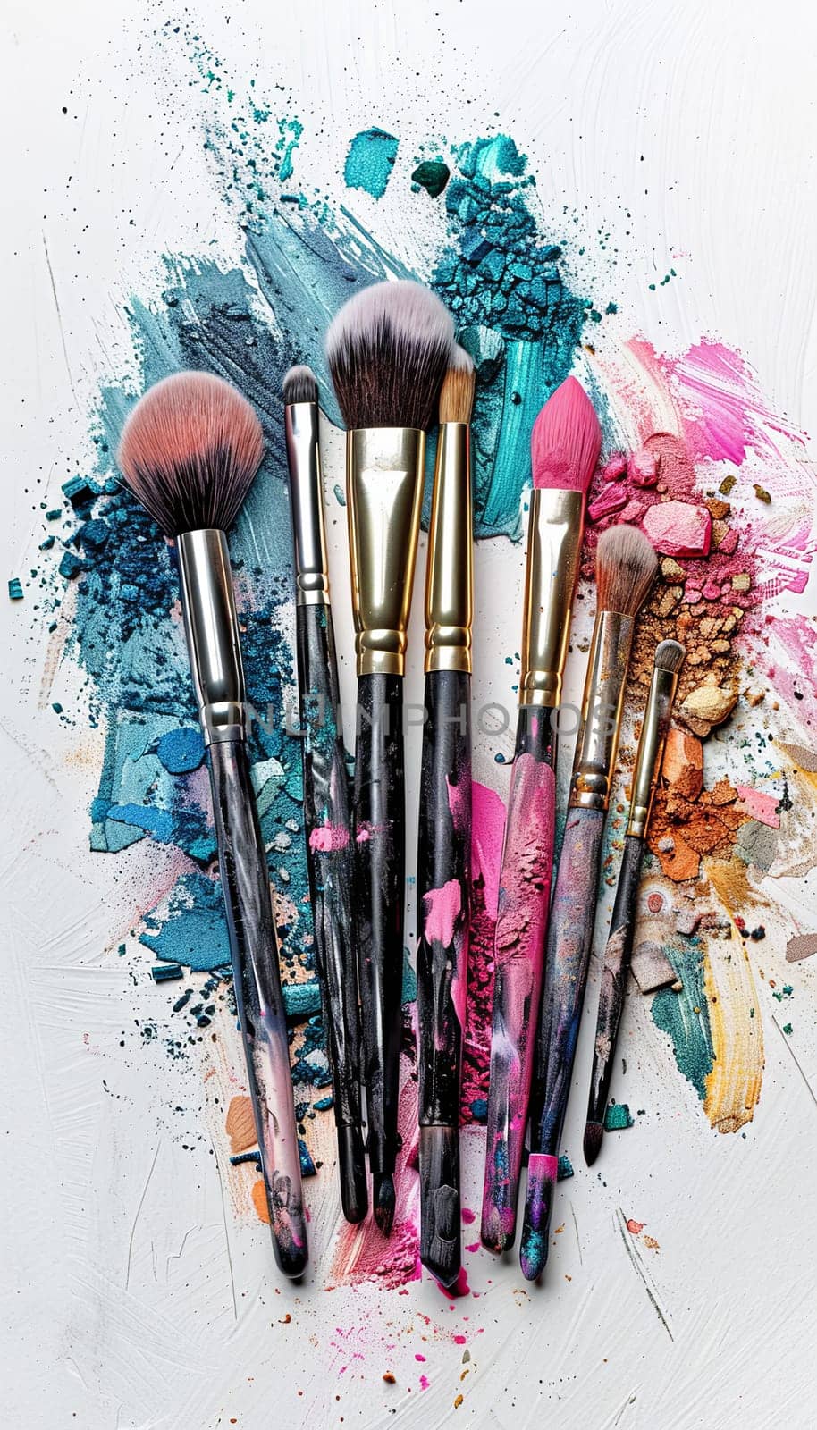 A group of makeup brushes covered in vibrant eyeshadow and blush on a white background. Generative AI by AnatoliiFoto