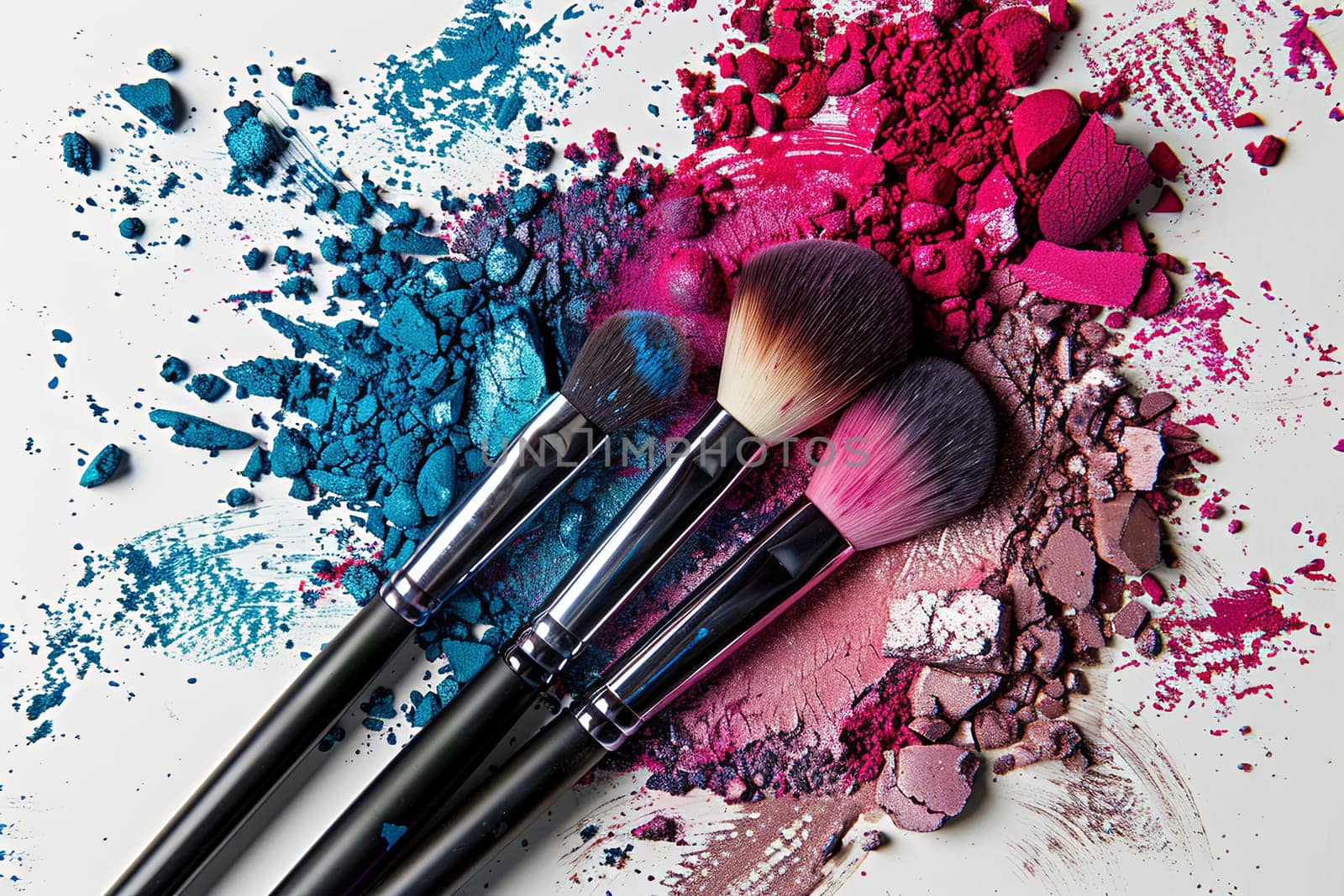 Close-up of makeup brushes covered with colorful eyeshadow and blush on a white background.