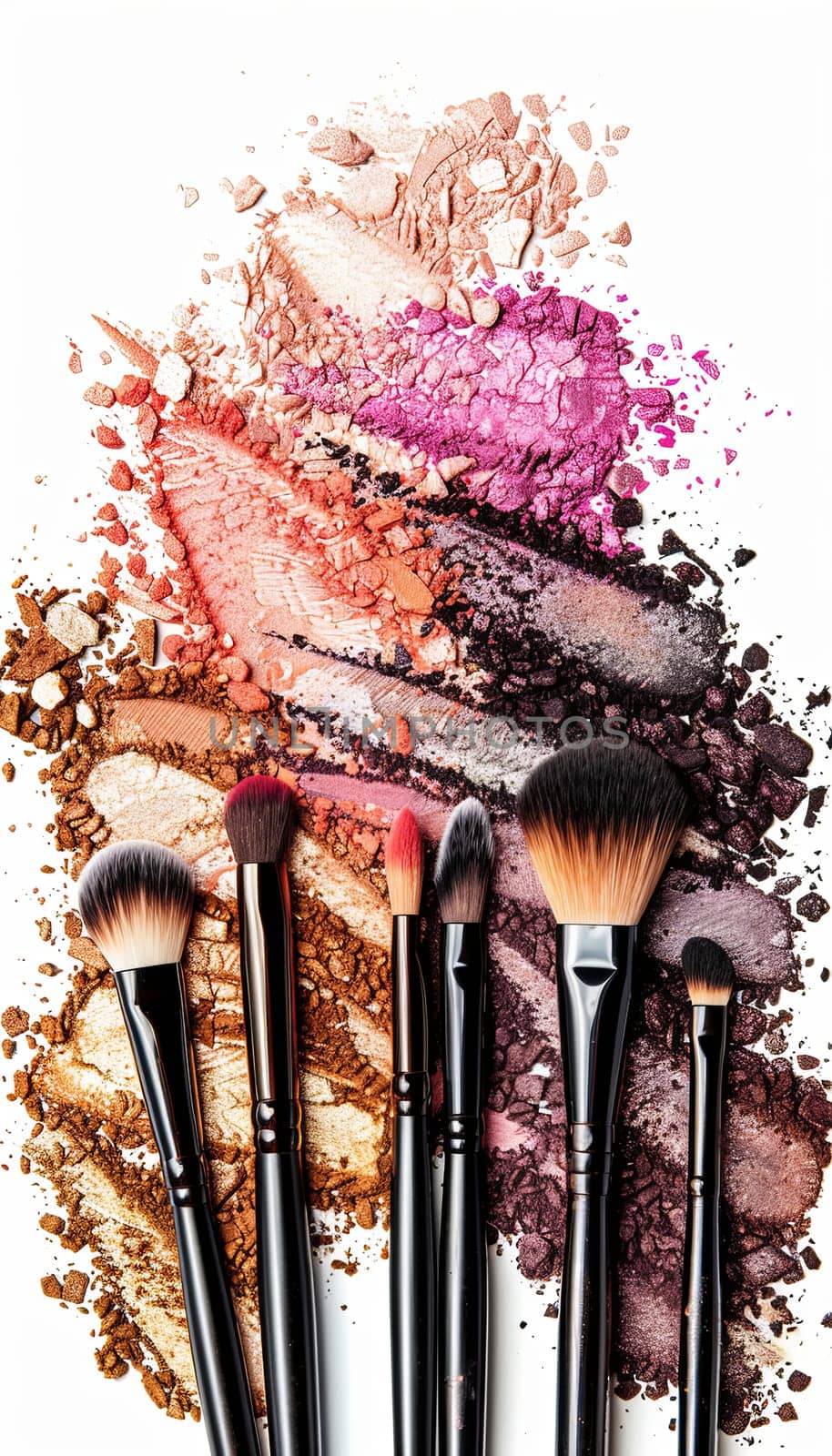 A close-up shot of makeup brushes with eyeshadow and blush scattered around them on a white background. Generative AI by AnatoliiFoto