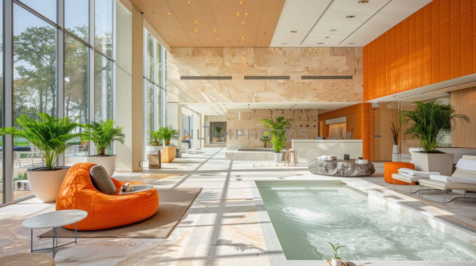 Imagine a spacious lobby featuring a central swimming pool, creating a serene and inviting atmosphere