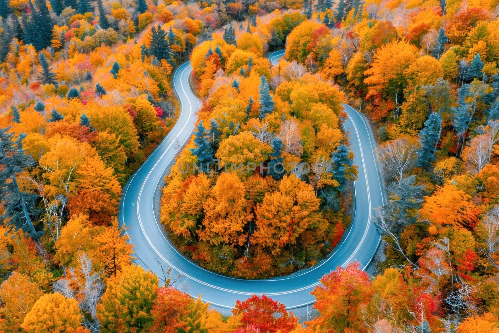 An aerial view captures a winding road through a dense forest, showcasing the natural beauty of the landscape