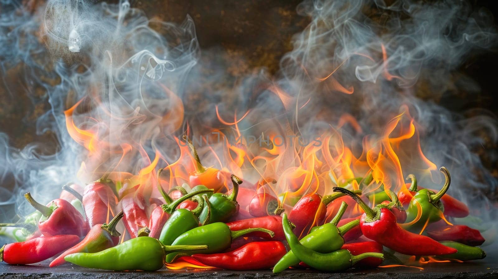 Image of hot peppers with flames and smoke, representing different types of chili peppers in cooking