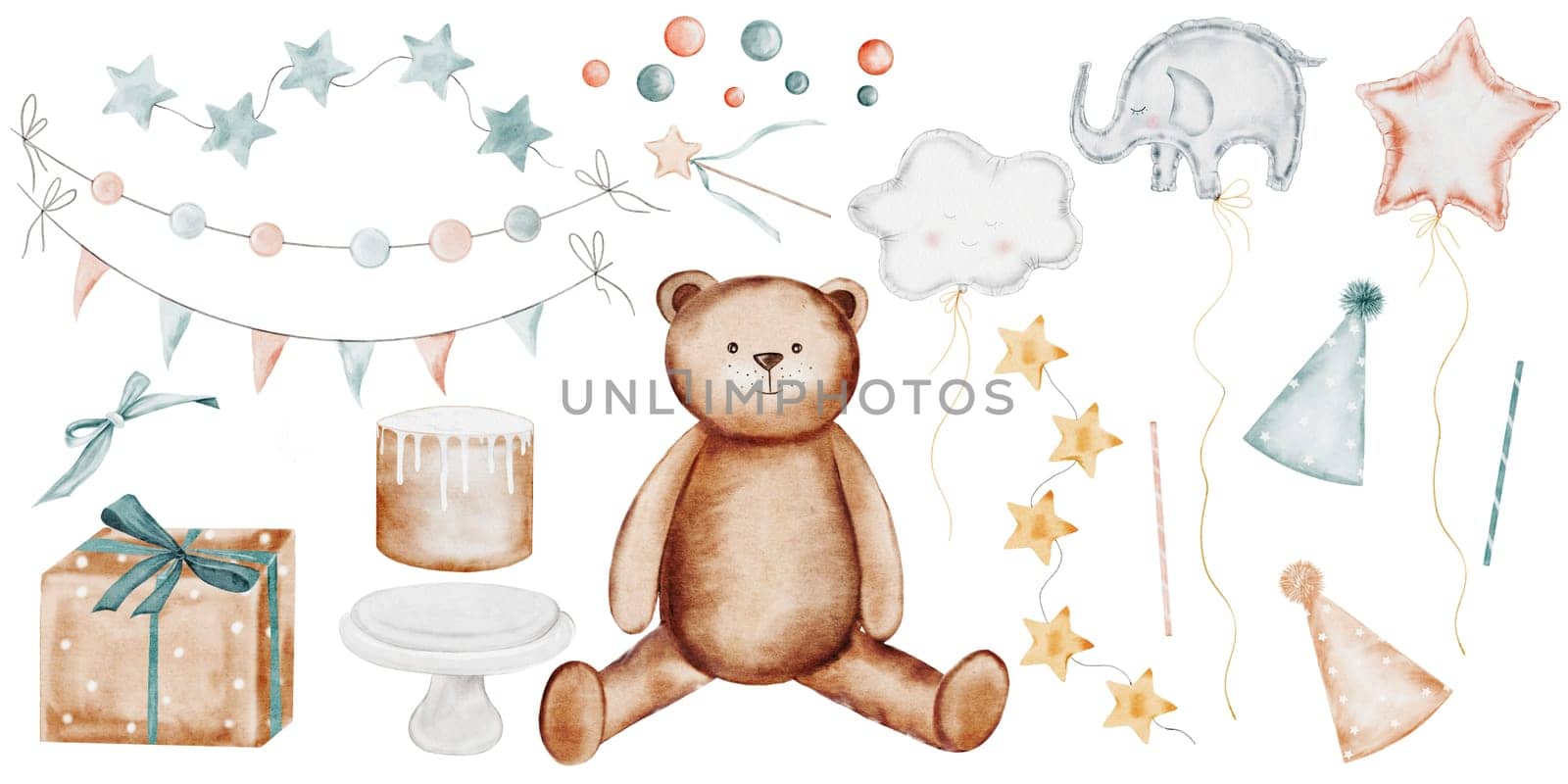 Happy Birthday Watercolor set. Hand drawn festive elements teddy bear, cake on stand, cap and bows, garlands and gift boxes , foil balloons. Clip art isolated on white background in neutral colors. Ideal for cards, invitations and birthday and baby shower decorations. Illustration for party. High quality illustration