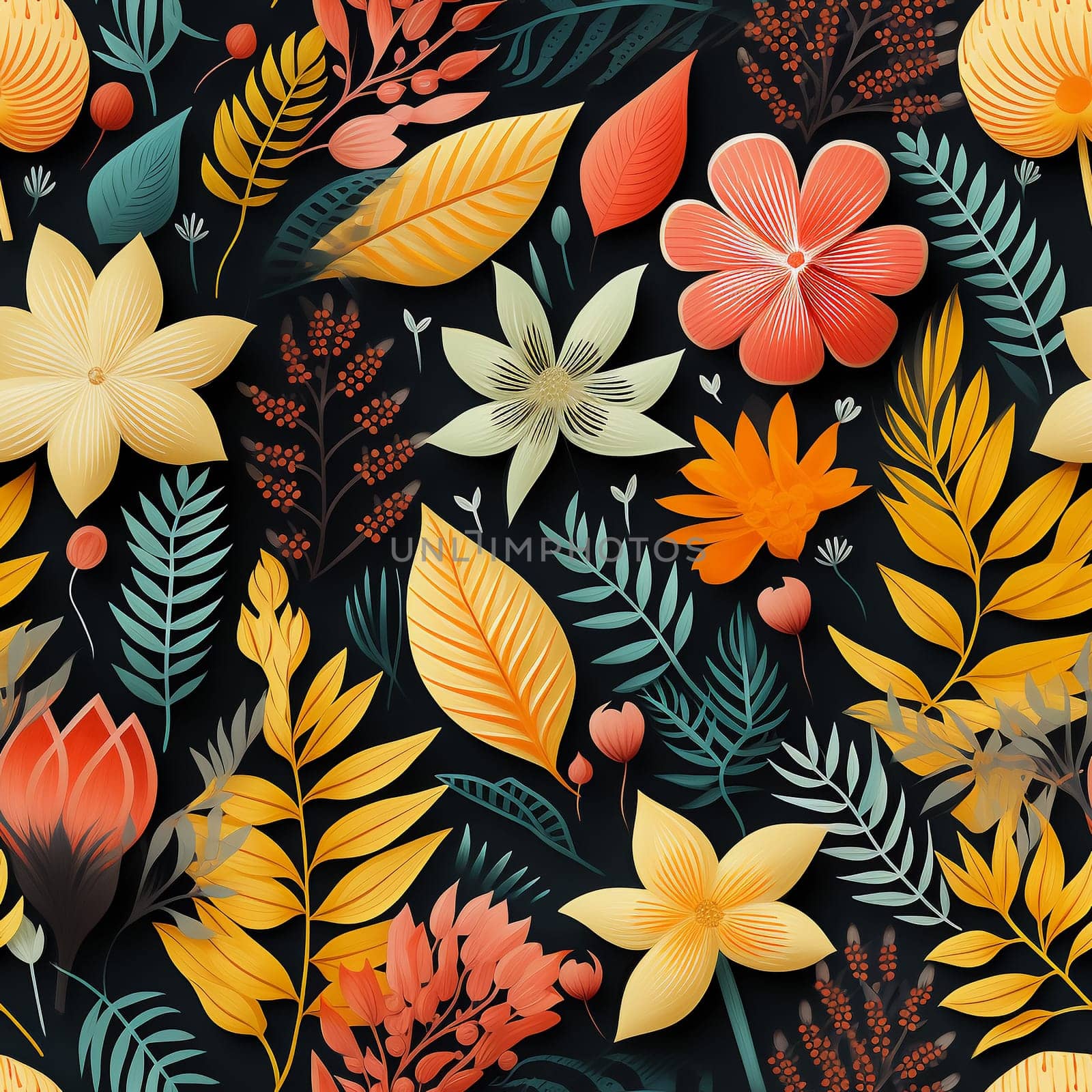 Seamless pattern tile background flowers and floral leaves plants. High quality photo