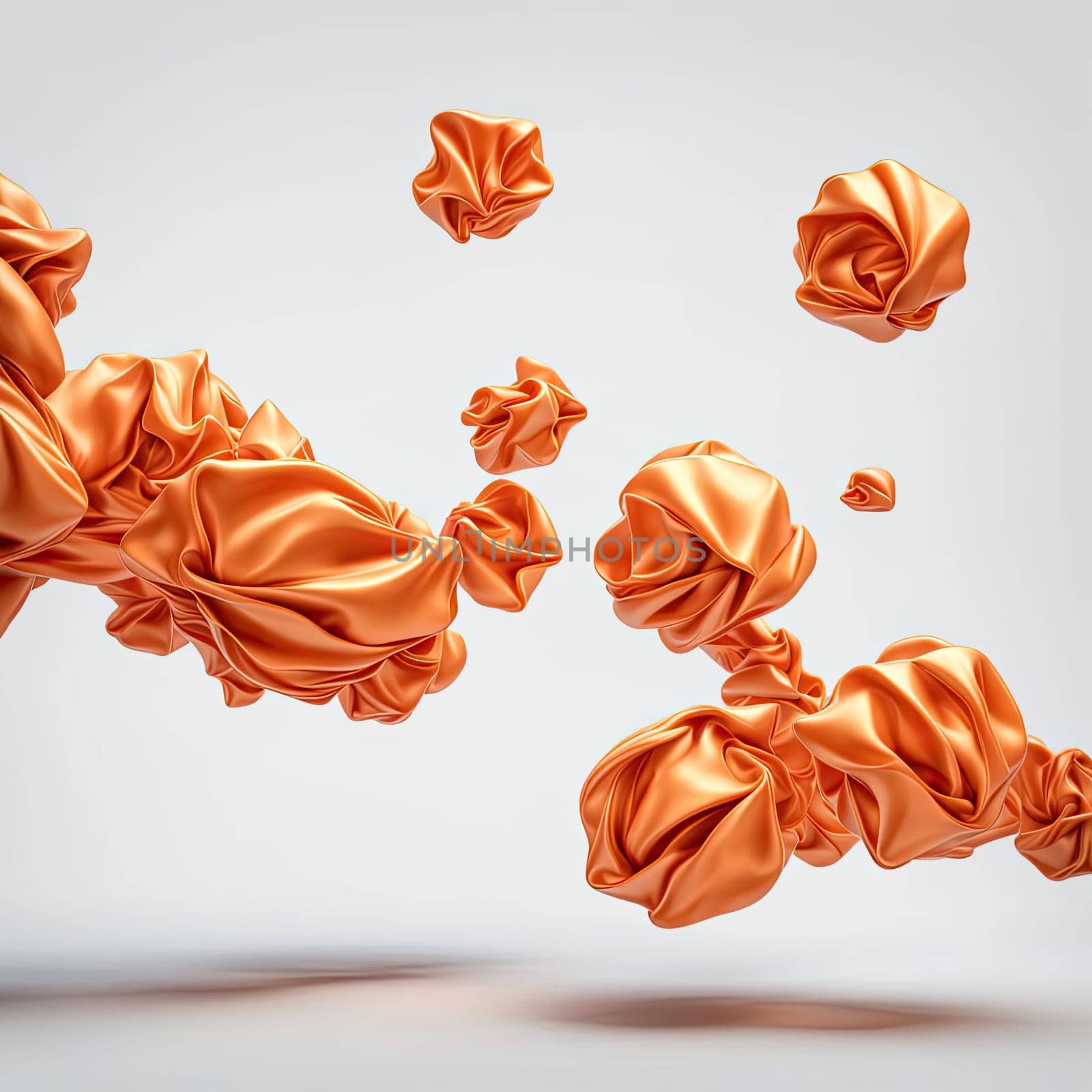 3D rendering of a minimalistic matte inflatable crumpled silicone ball or group of orange colored balls floating in the air on a transparent background . Abstraction isolated on transparent background