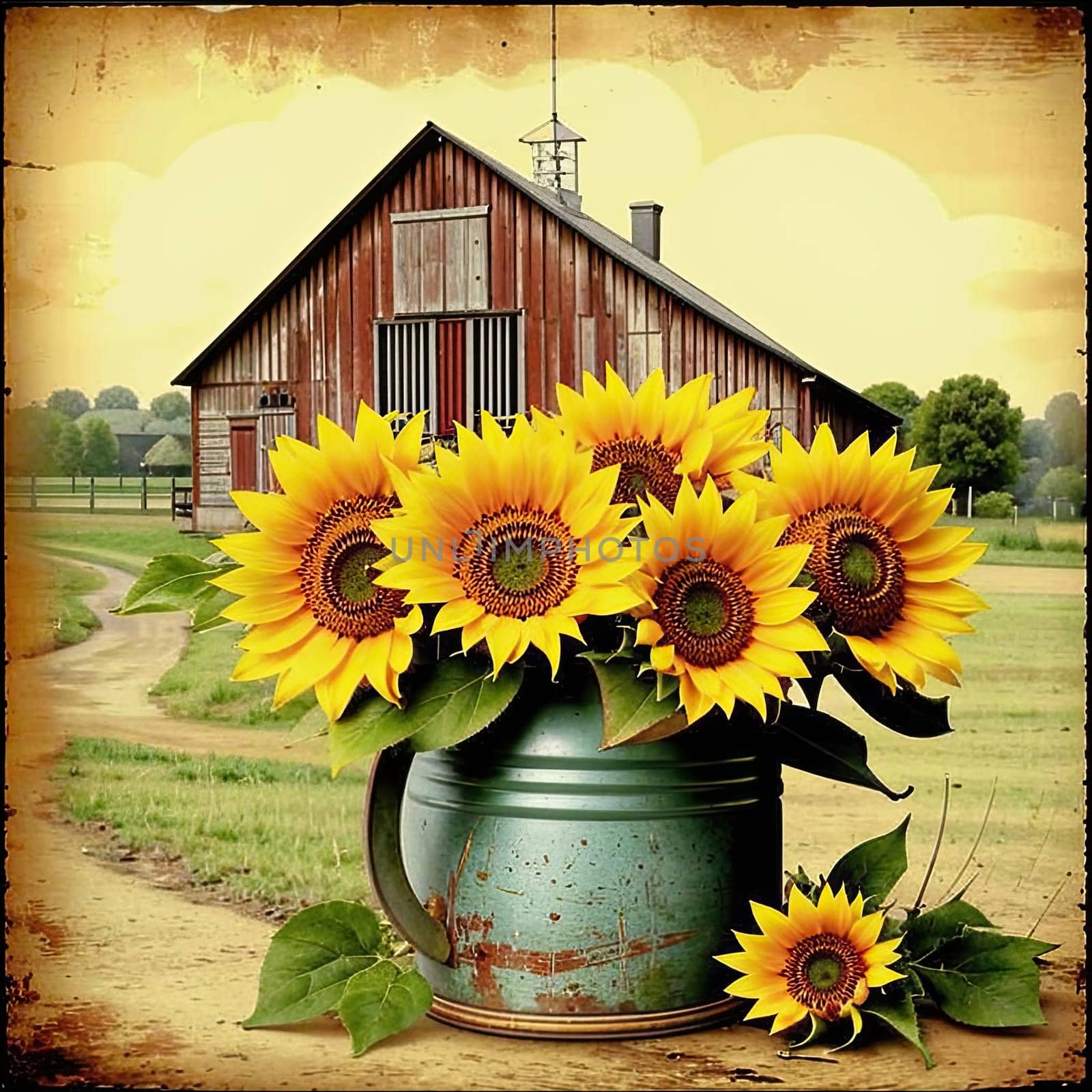 Vintage image of a rural farm wooden house with an antique milk can, a dilapidated barn, a bouquet of sunflowers. Junk journal. photograph with wear and tear. Country mood.