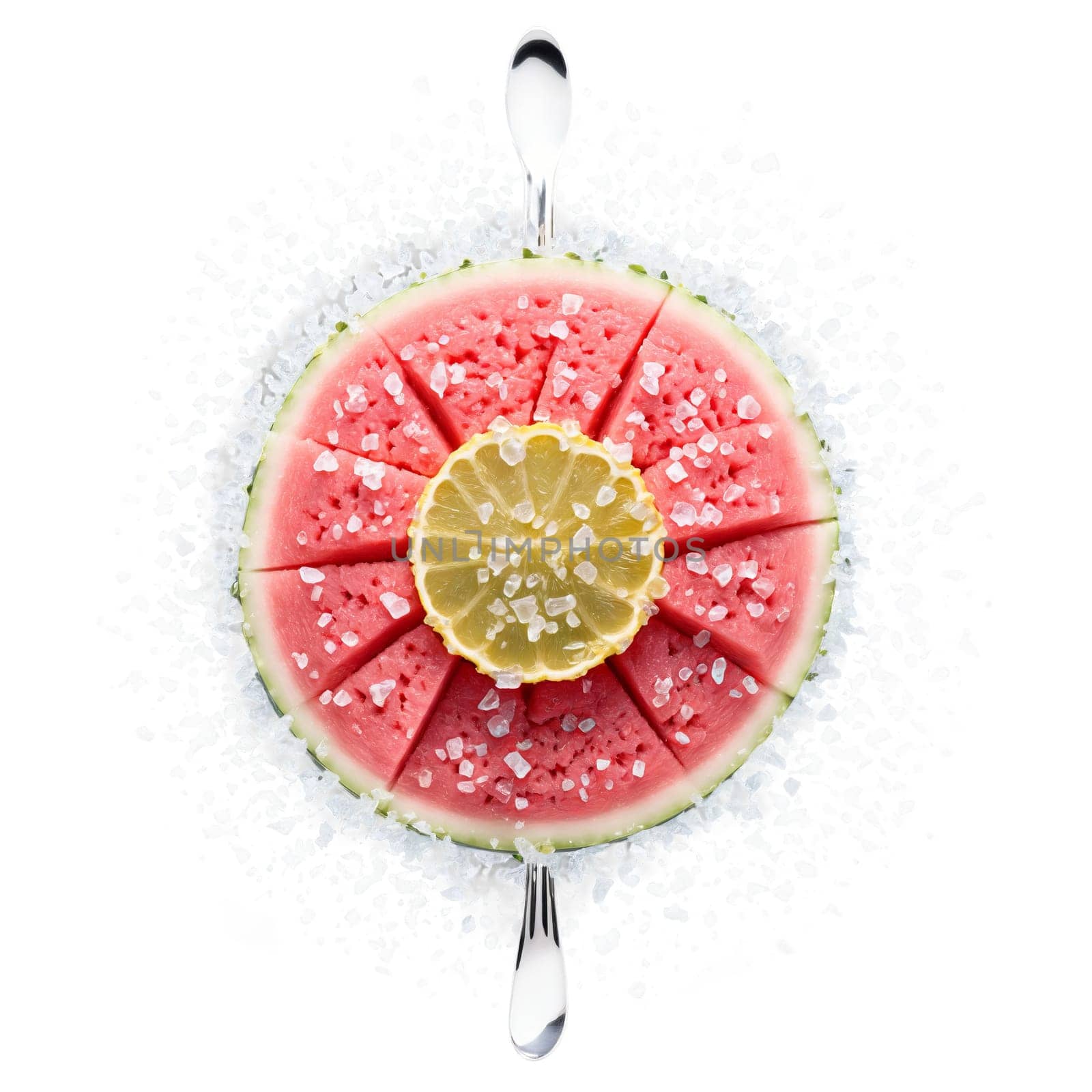 Fruit granita mandala an arrangement of watermelon lemon and strawberry granitas with ice crystals flying. Food isolated on transparent background.