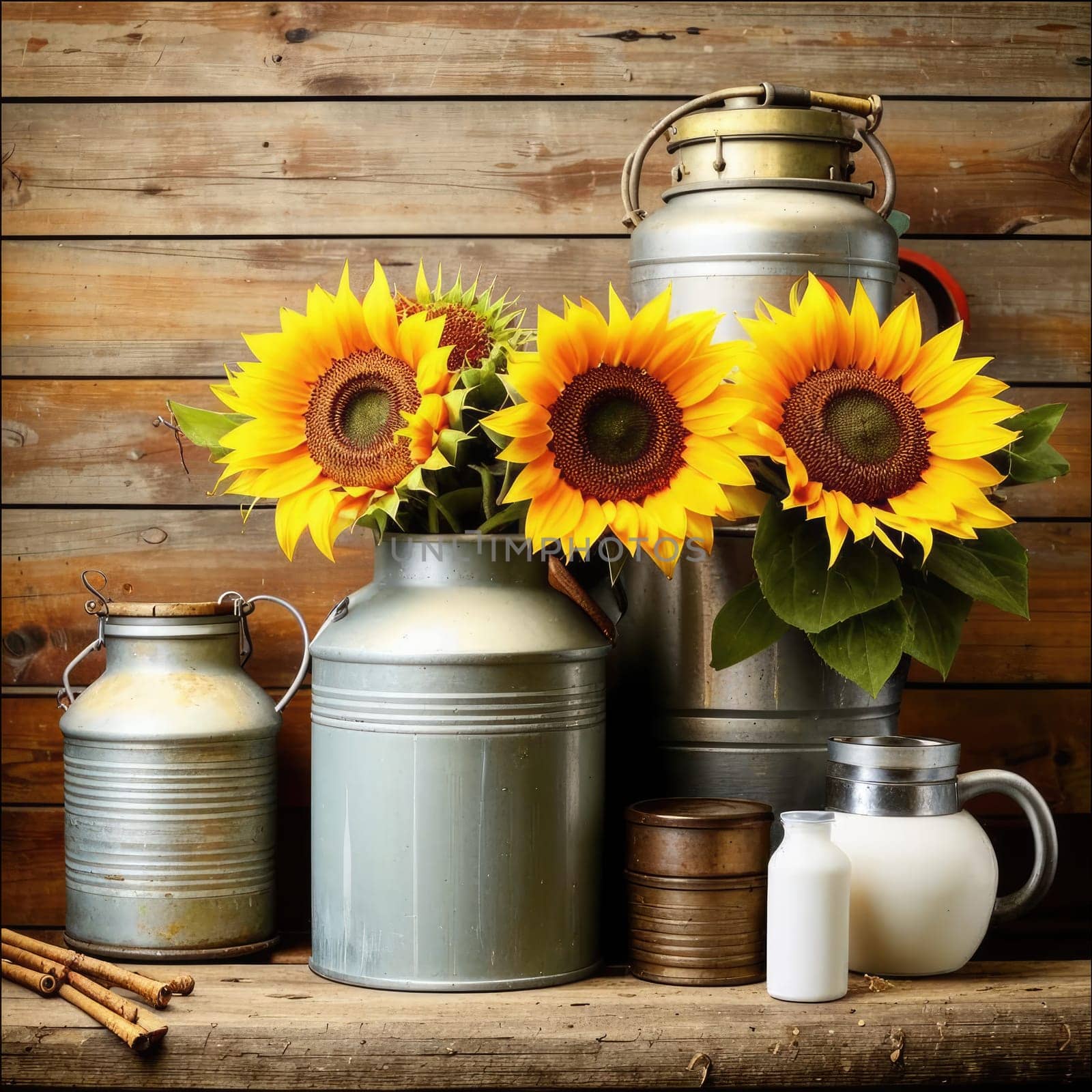 Vintage image of a rural farm wooden house with an antique milk can, a dilapidated barn, a bouquet of sunflowers. Junk journal. photograph with wear and tear. Country mood.