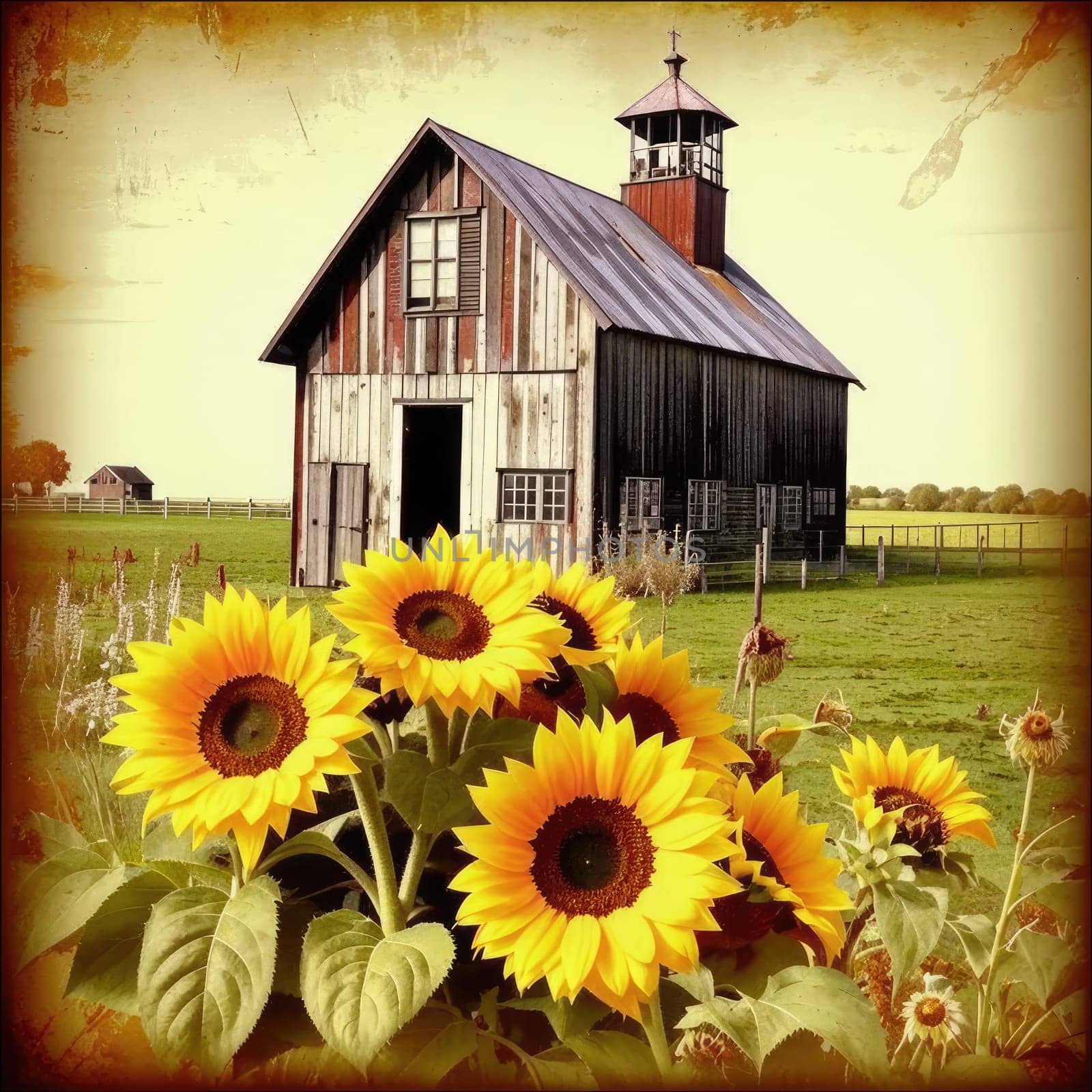 Vintage image of a rural farm wooden house with an antique milk can, a dilapidated barn, a bouquet of sunflowers. Junk journal. photograph with wear and tear. Country mood.