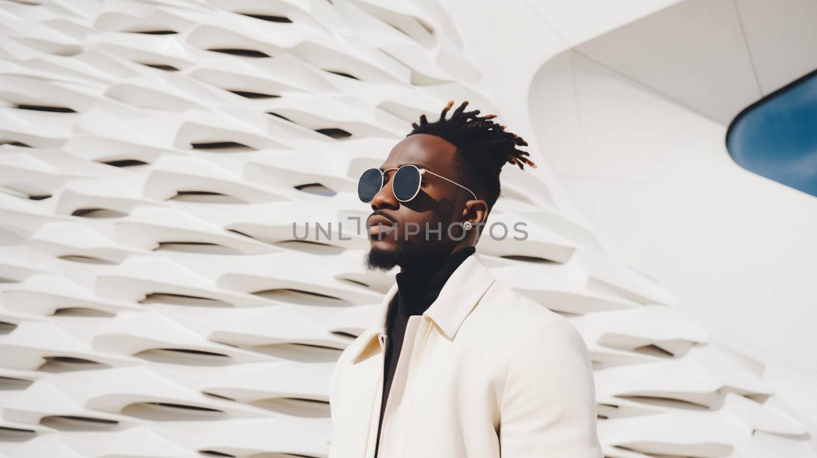 Fashion concept of confident stylish black man in jacket looking away against white minimalism design architecture of a modern art museum building