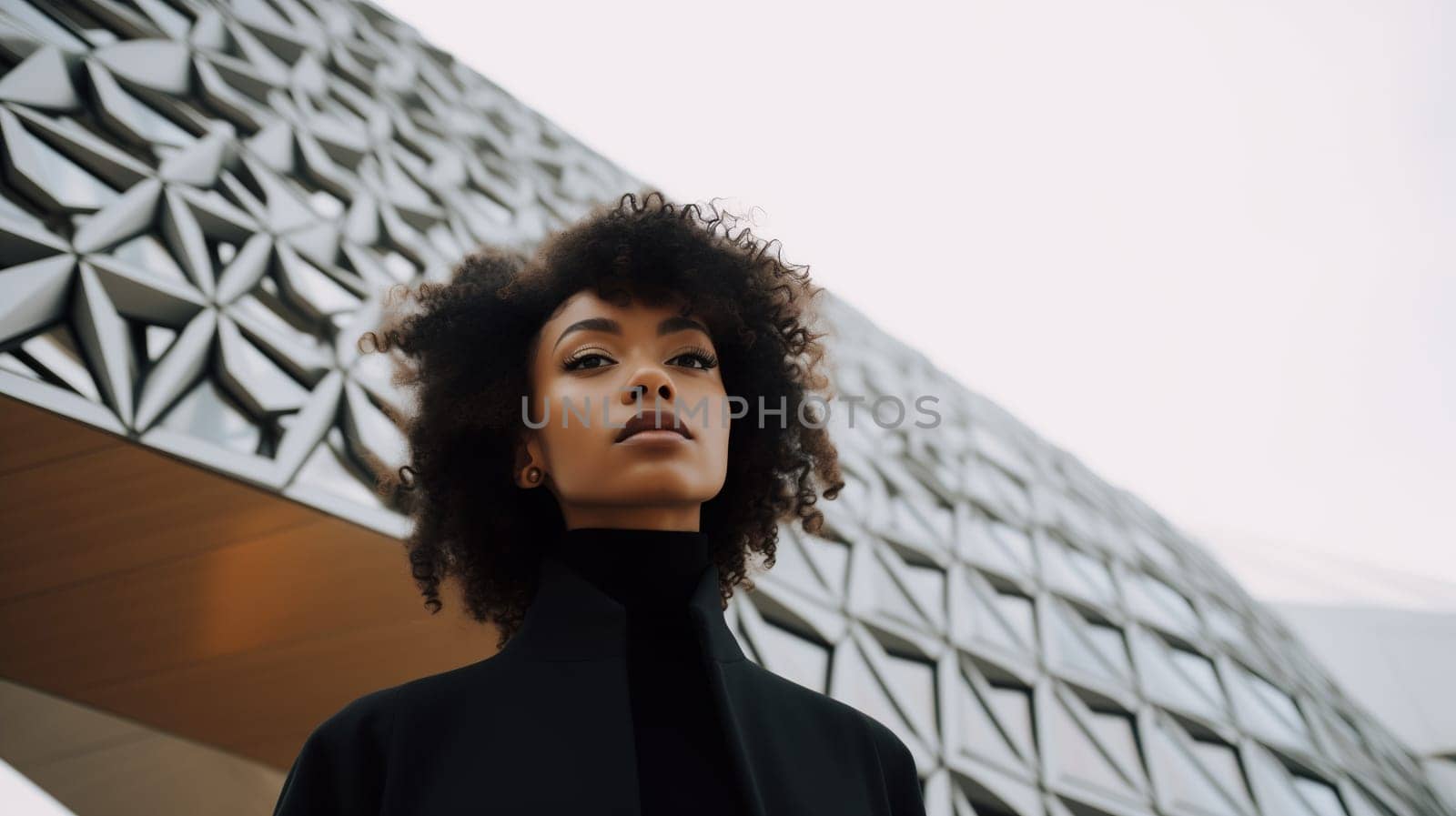 Fashionable portrait of stylish elegant black woman against the minimalism design architecture of a modern art museum building