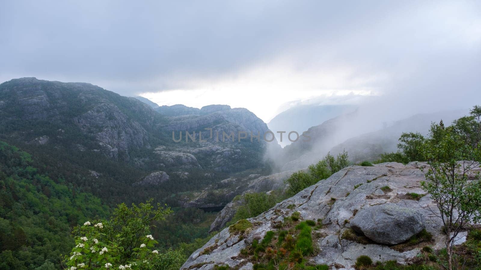 A view of a misty mountain valley in Norway on a summer day. The valley is shrouded in fog, with the peaks of the surrounding mountains rising up through the clouds. Preikestolen, Norway