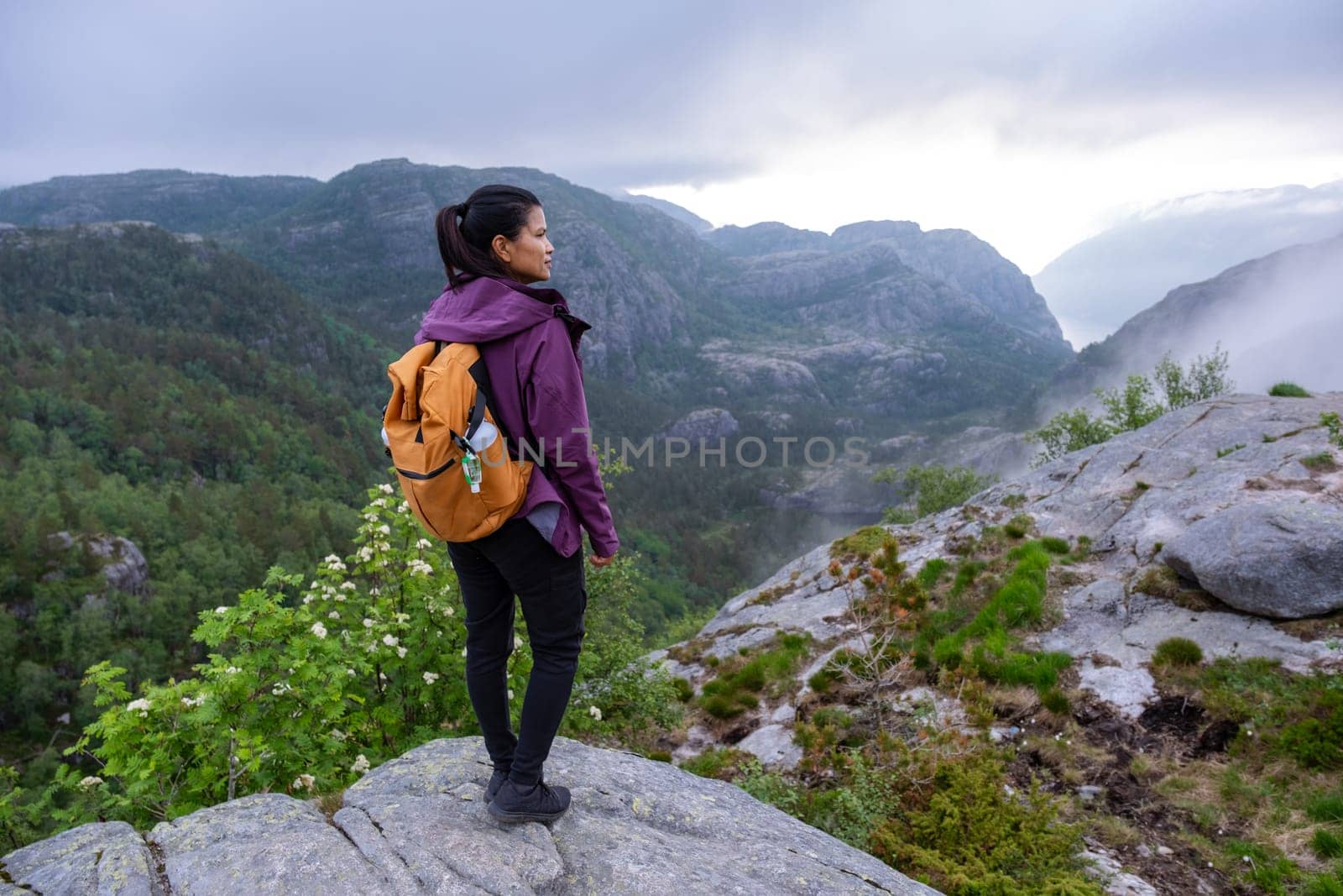 A hiker stands on a rocky precipice overlooking a breathtaking Norwegian fjord, shrouded in mist and clouds. Preikestolen, Norway