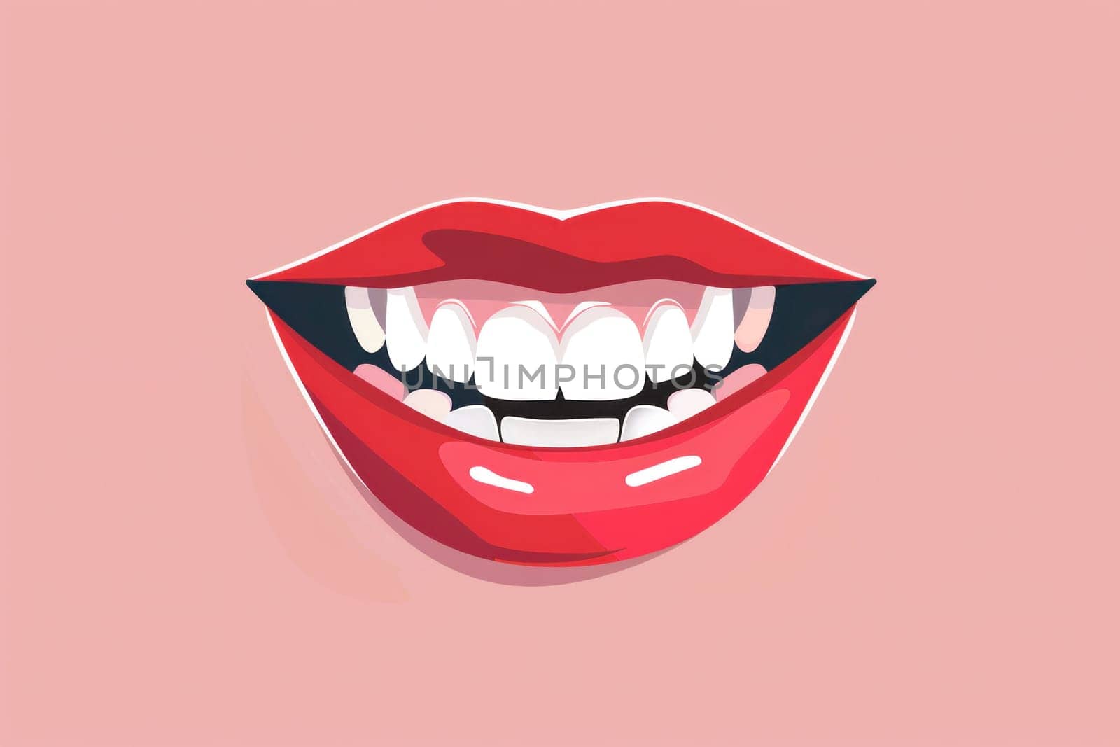 Fashionable woman's mouth with perfect white teeth and red lips on pink background illustration for beauty and dental concepts