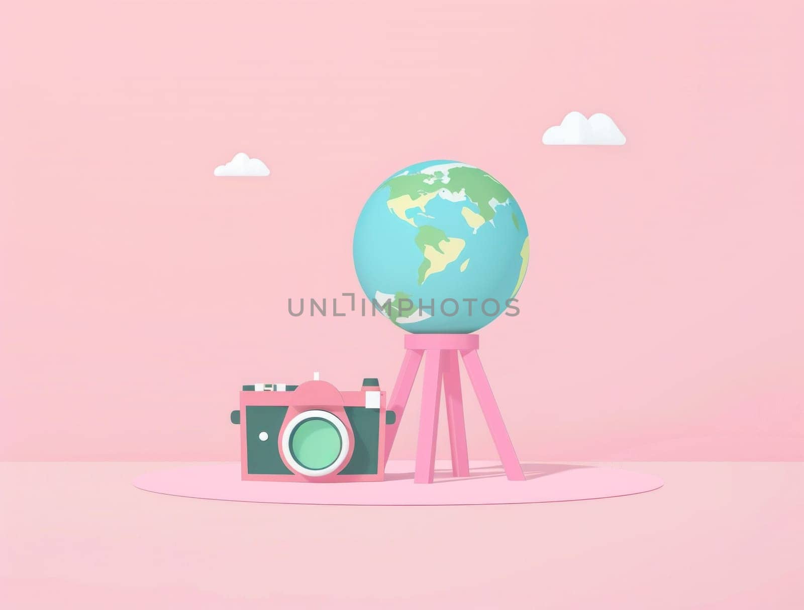 Travel with style earth globe and camera on wooden stand on pink background by Vichizh