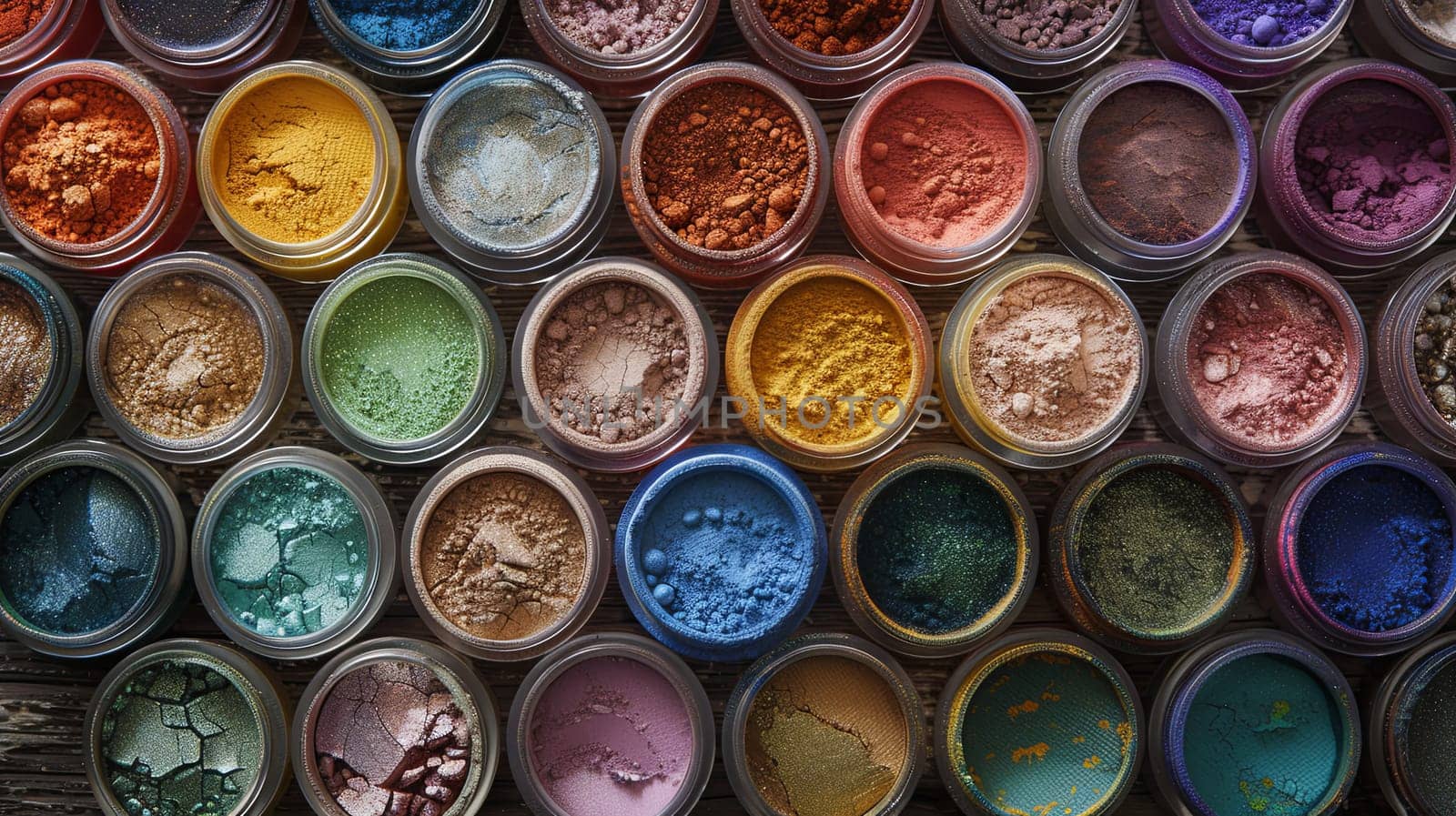 A close-up image showcasing colorful makeup pigments and powders neatly arranged in small jars.