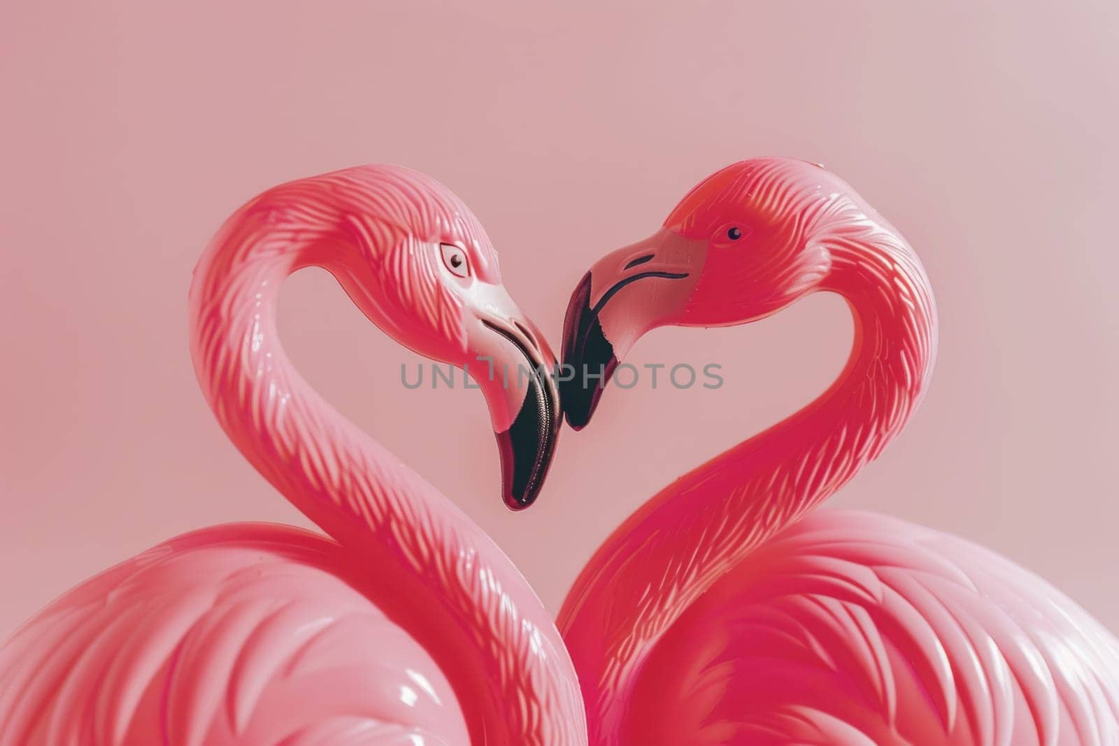 Romantic flamingos making heart shape on pink background, love birds symbol of beauty and romance in nature