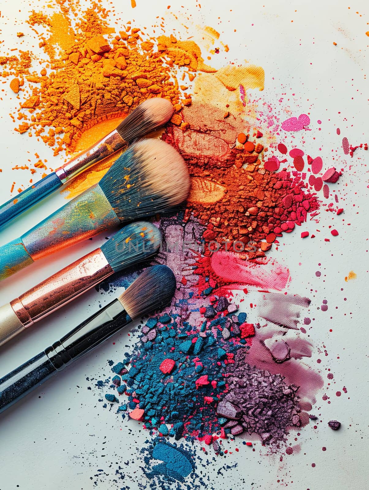 Makeup brushes covered in colorful eyeshadow and blush on a white background.