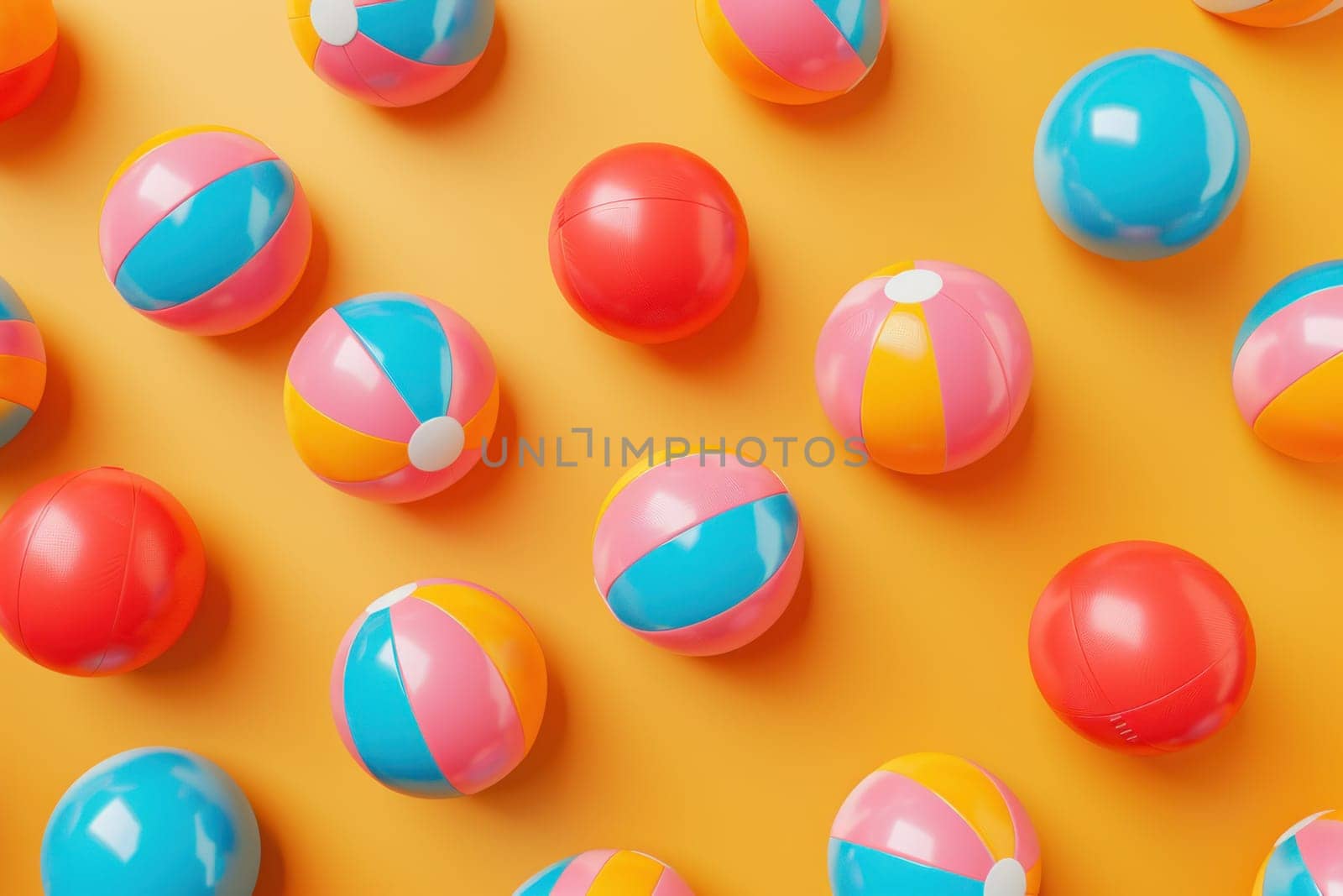 Colorful beach balls on a yellow background in 3d top view for summer vacation and fun concept