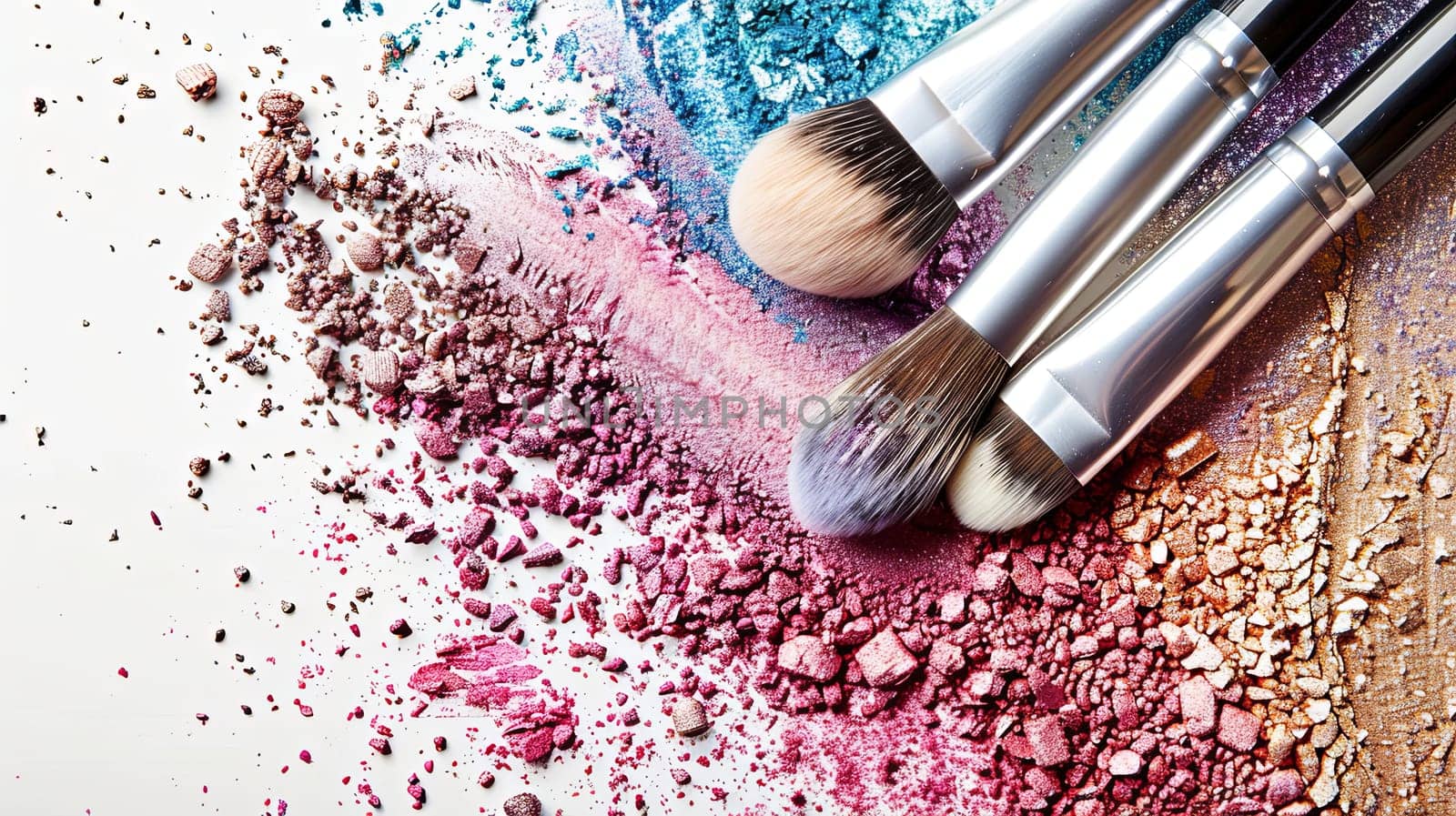 Close-up of makeup brushes covered in colorful eyeshadow and blush, arranged artistically against a white backdrop.