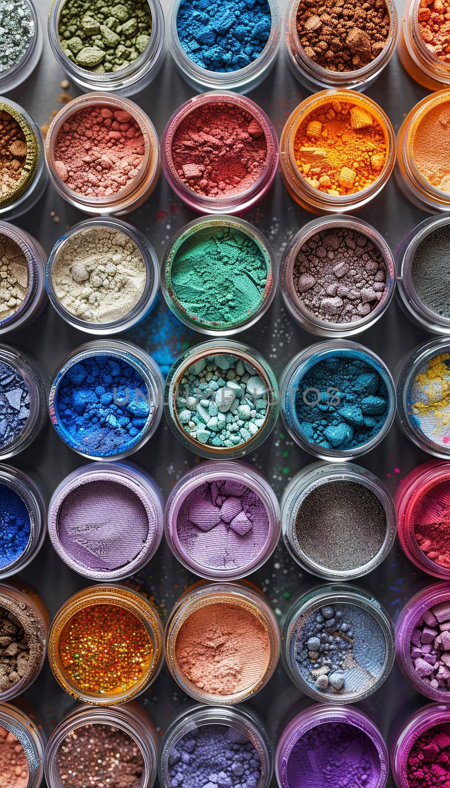 A close-up of various colorful makeup pigments and powders arranged in small jars.