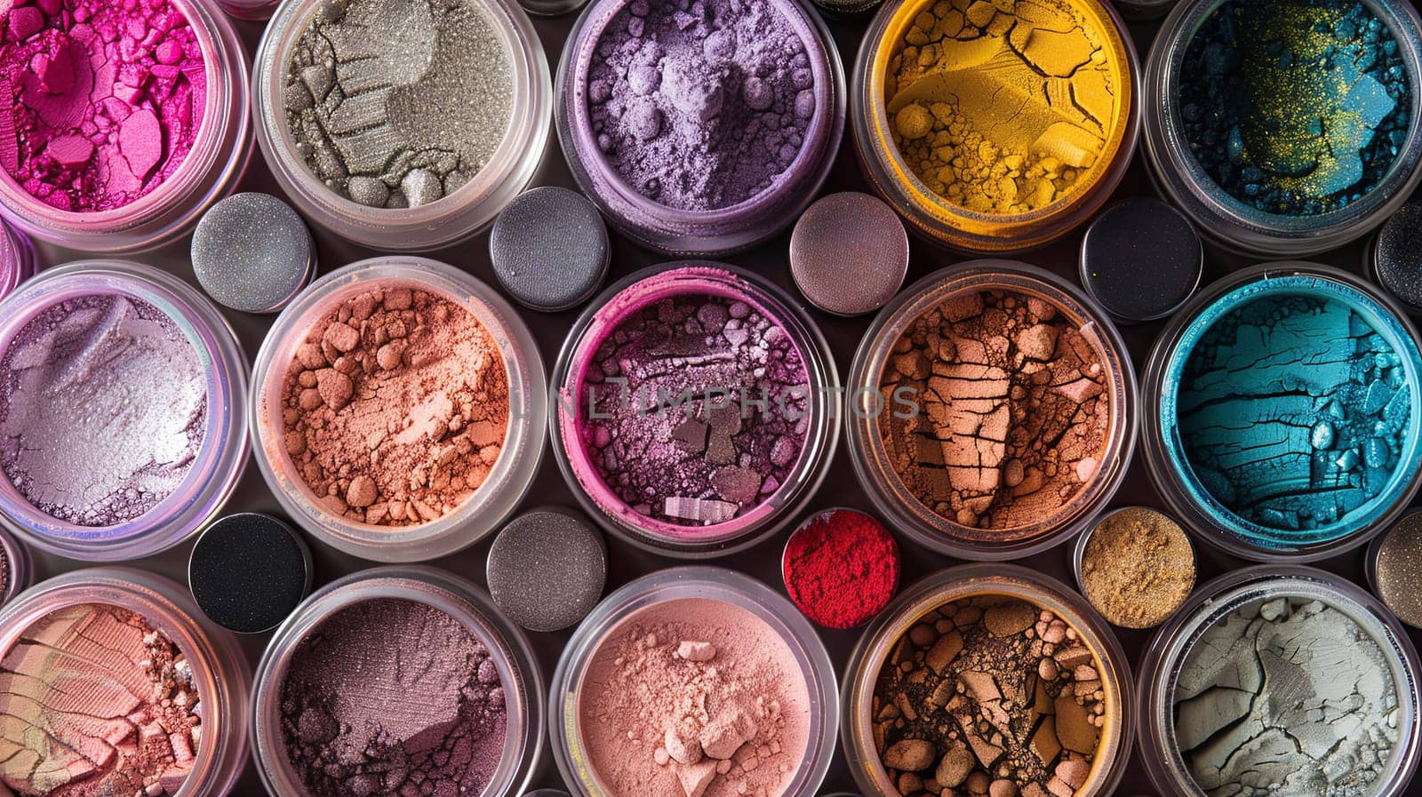 An assortment of colorful makeup pigments and powders in small jars, arranged in a pleasing pattern.