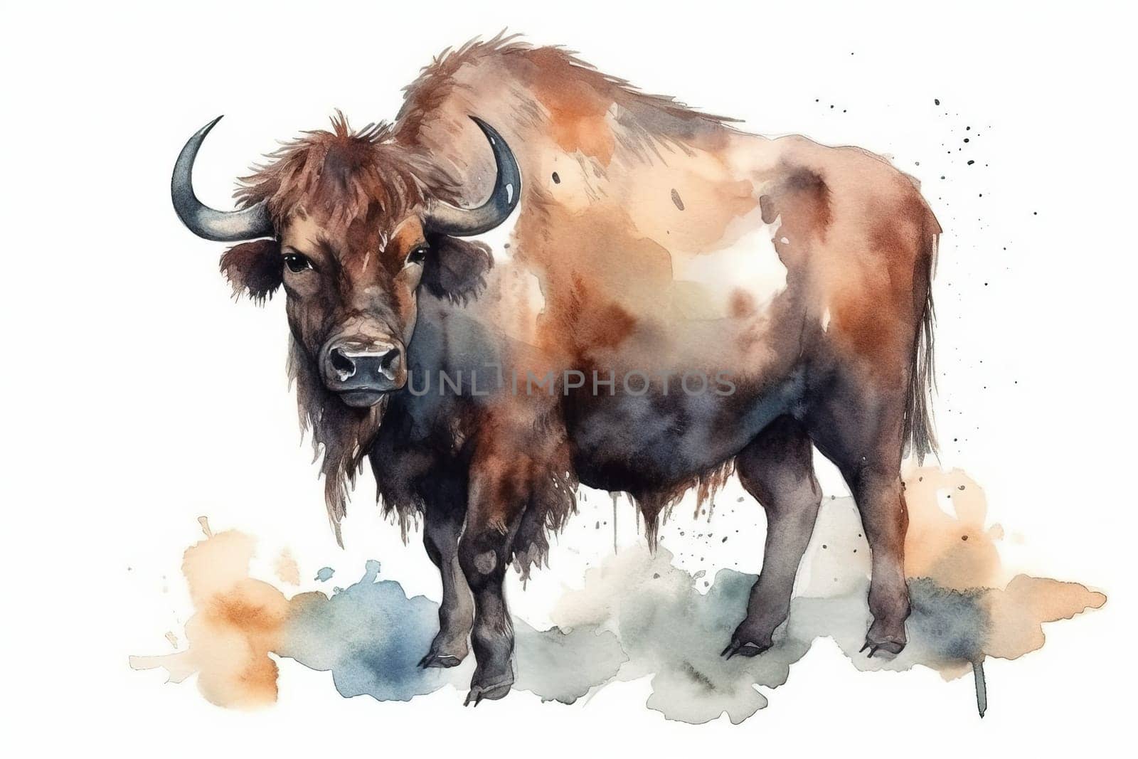 watercolor painting illustration of big and strong buffalo isolated on a white background , generative AI
