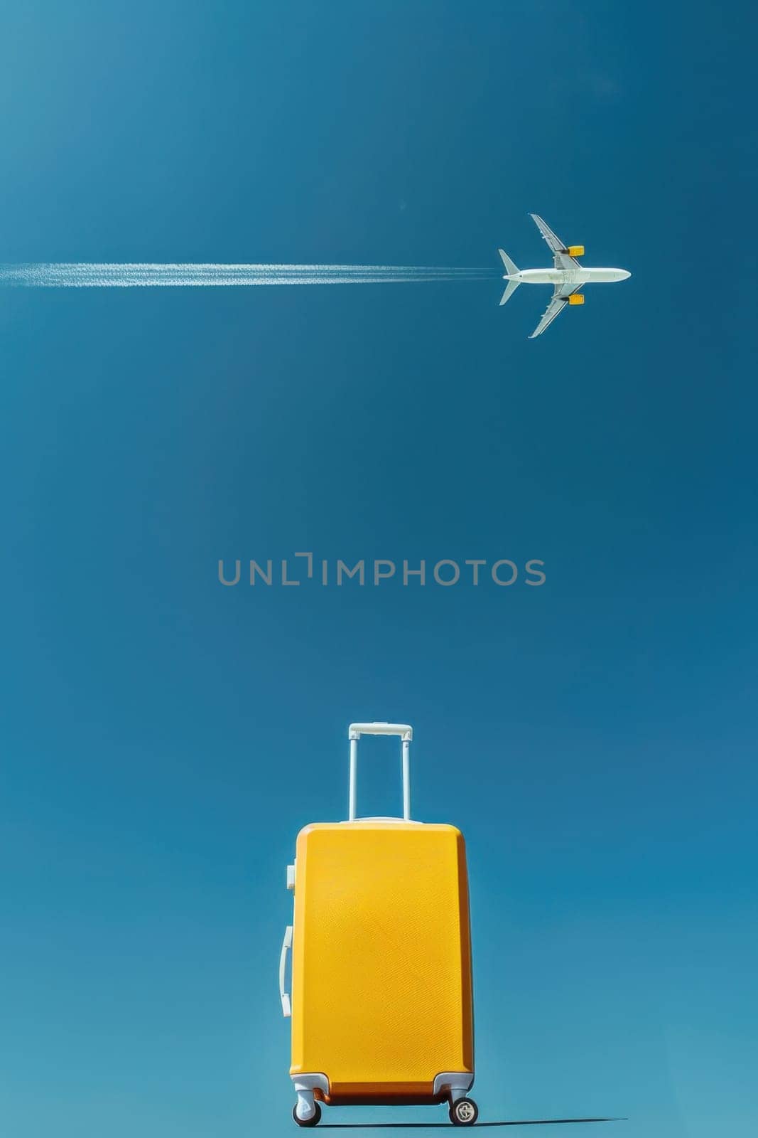 Travel essentials yellow suitcase and airplane flying in blue sky background for adventure seekers by Vichizh