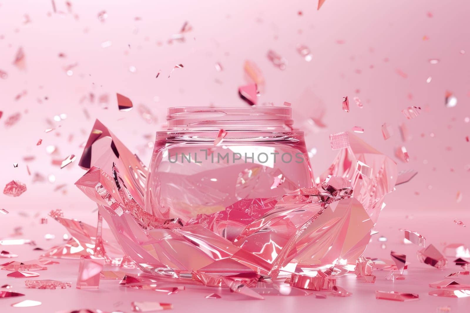 Crushed glass jar with pink confetti on a pink background for beauty, fashion, and art concept design