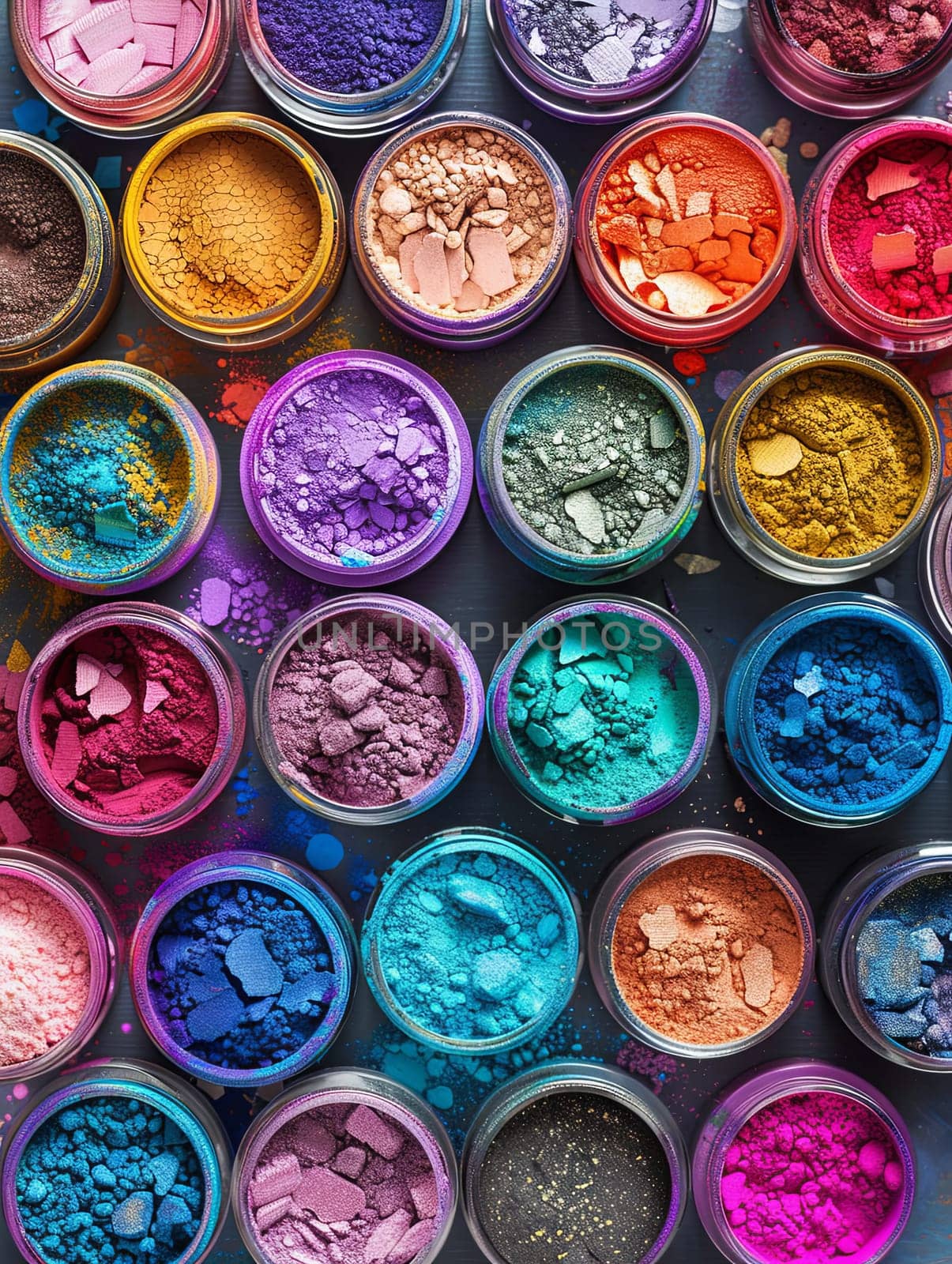 An assortment of colorful makeup pigments and powders in small jars, arranged in a grid pattern on a dark surface.