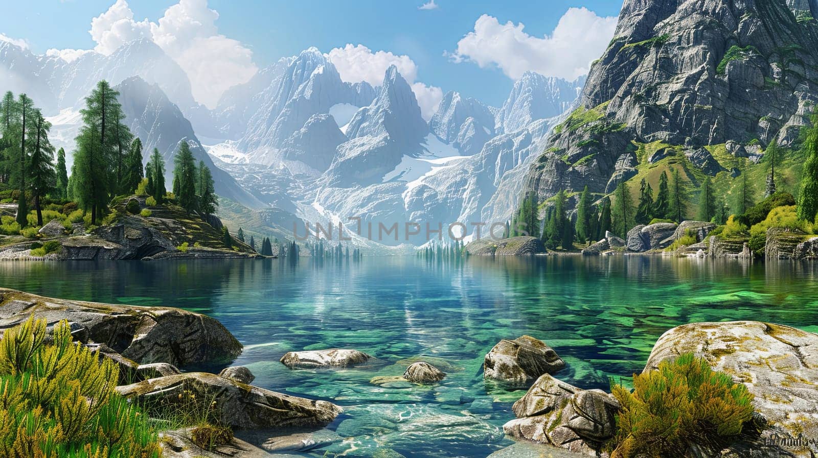 A painting depicting a mountain lake nestled among lush trees. Generative AI by AnatoliiFoto