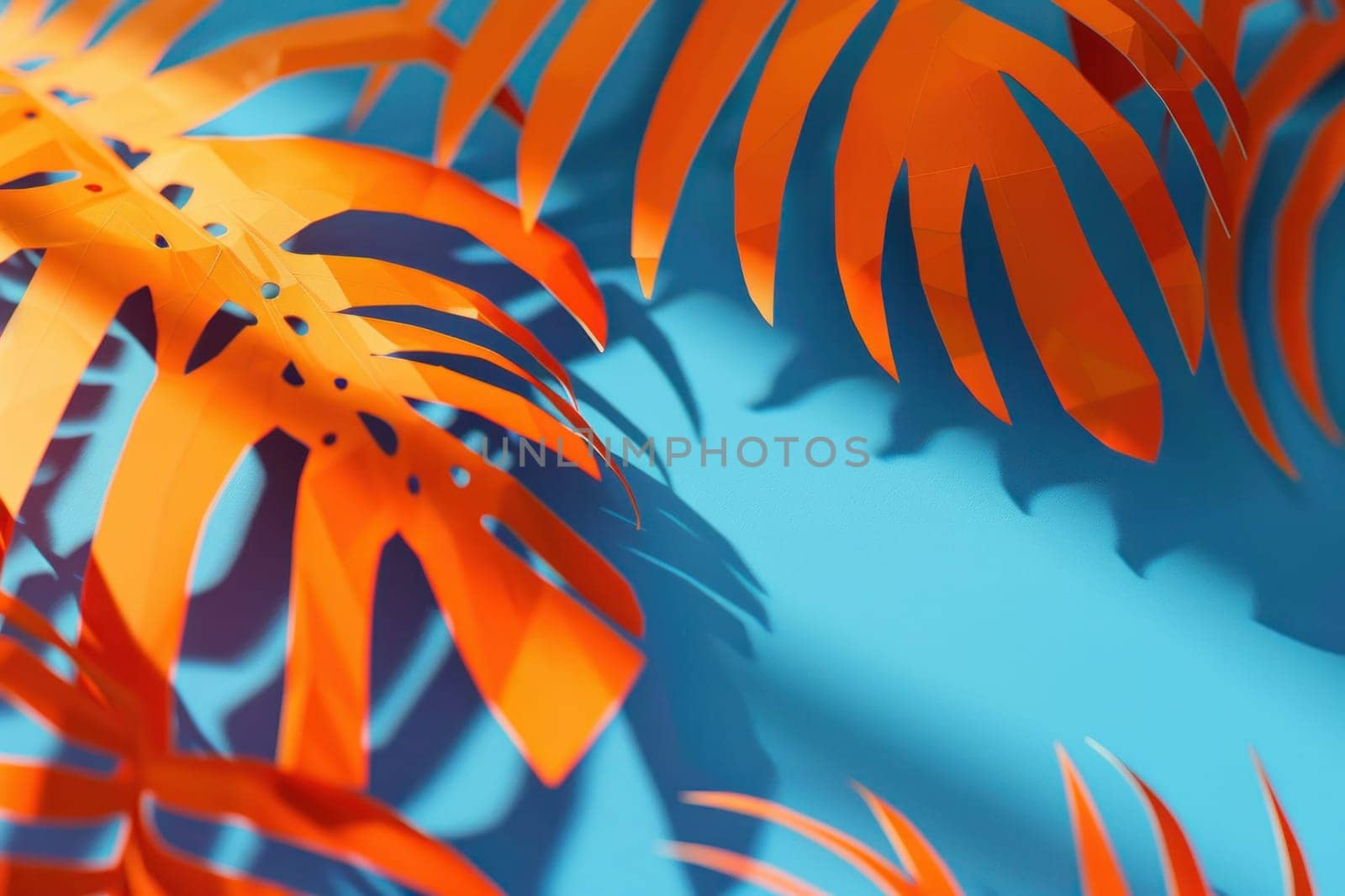 Tropical palm leaves on a blue background creating a relaxing summer vibe with shadows and sunlight by Vichizh