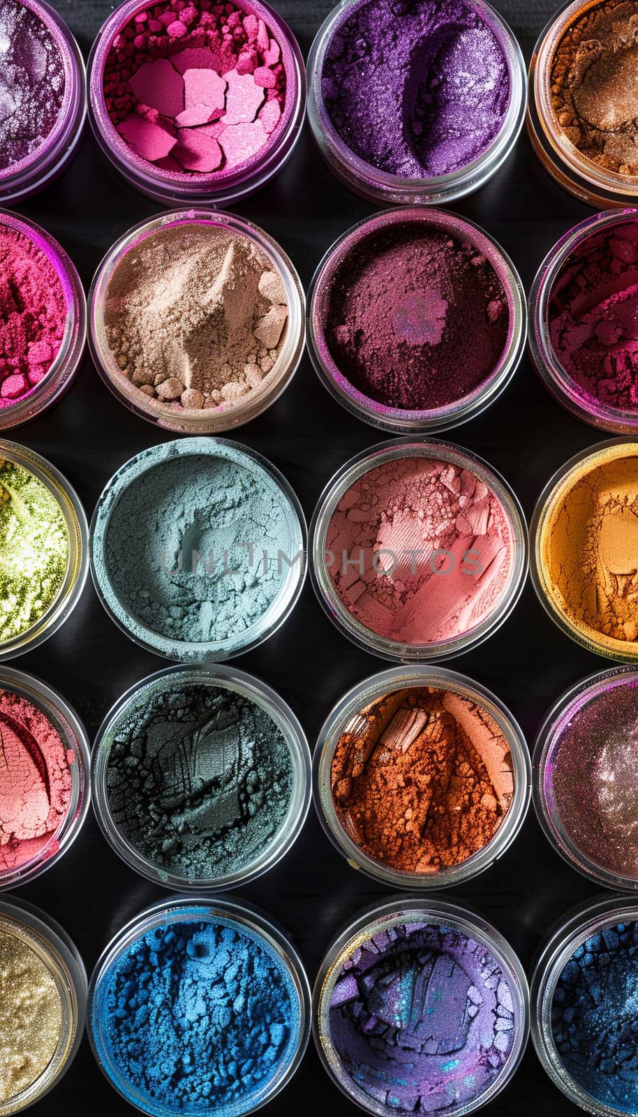 Close-up of colorful makeup pigment powders in small jars. Generative AI by AnatoliiFoto