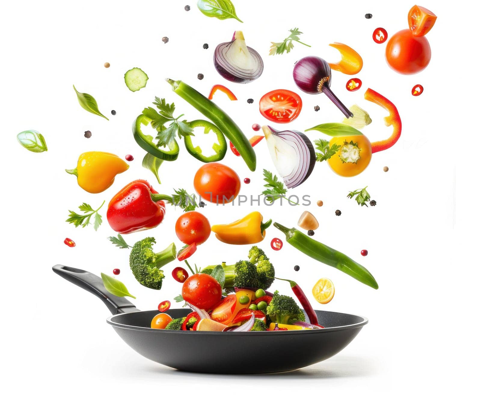 Cooking fresh vegetables in flying pan on white background isolated for healthy and delicious meal concept by Vichizh