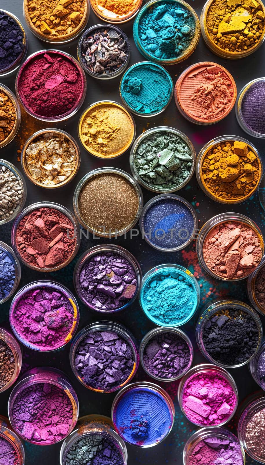 A close-up view of various colorful makeup pigments and powders in small glass jars, arranged in an artistic pattern.