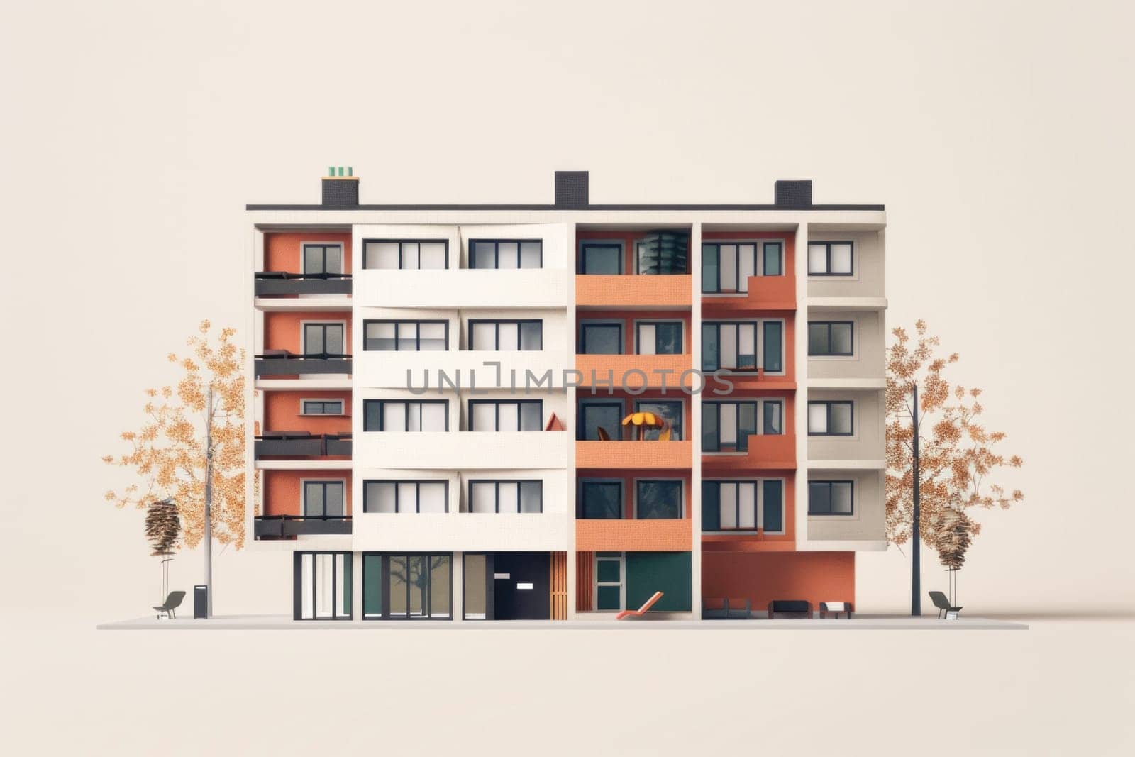 Modern apartment building with tree, car, and urban lifestyle elements in front view for real estate and travel concepts