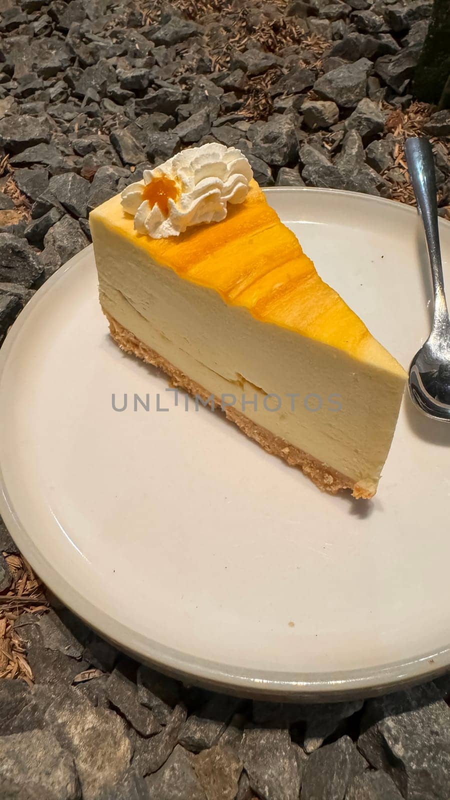 Lemon cheesecake freshly baked slice, New York style classical cheese cake on dessert plate background. Slice of tasty cake on white plate served with dessert spoon, good for cooking book