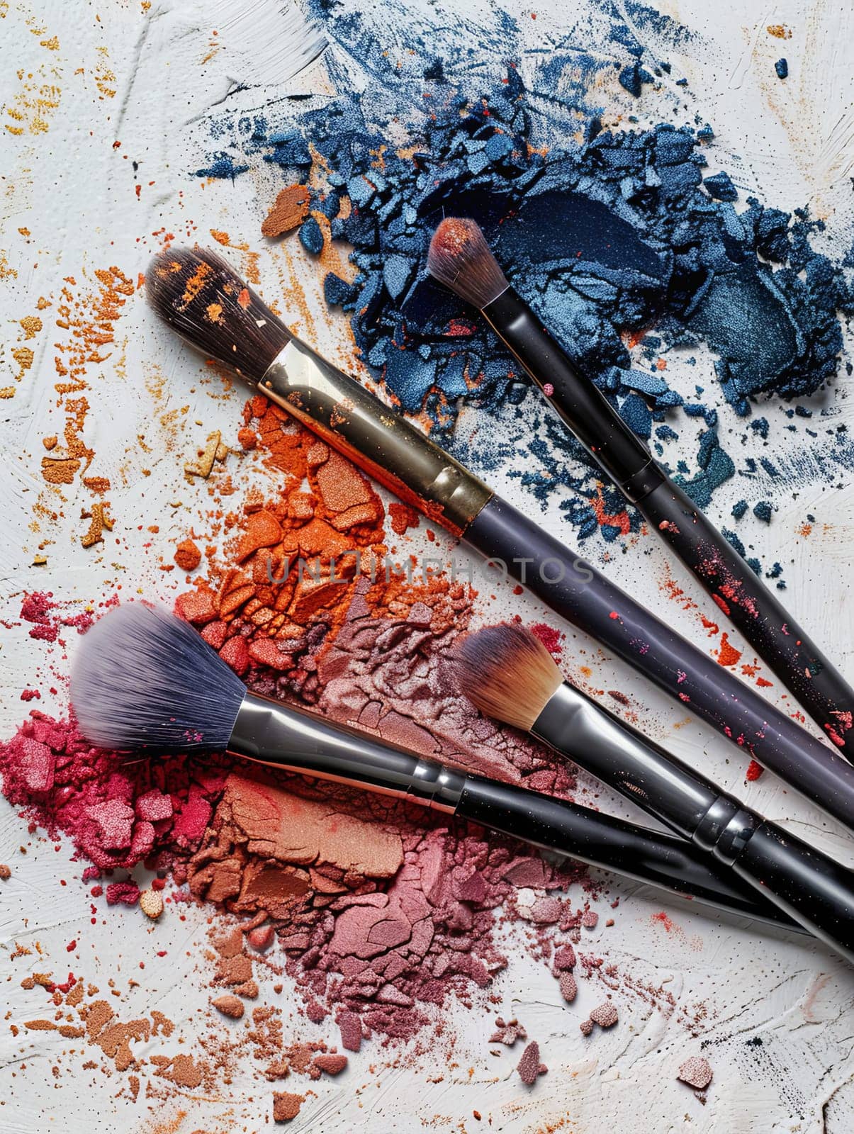 Close-up of makeup brushes with eyeshadow and blush on a white background. Generative AI by AnatoliiFoto