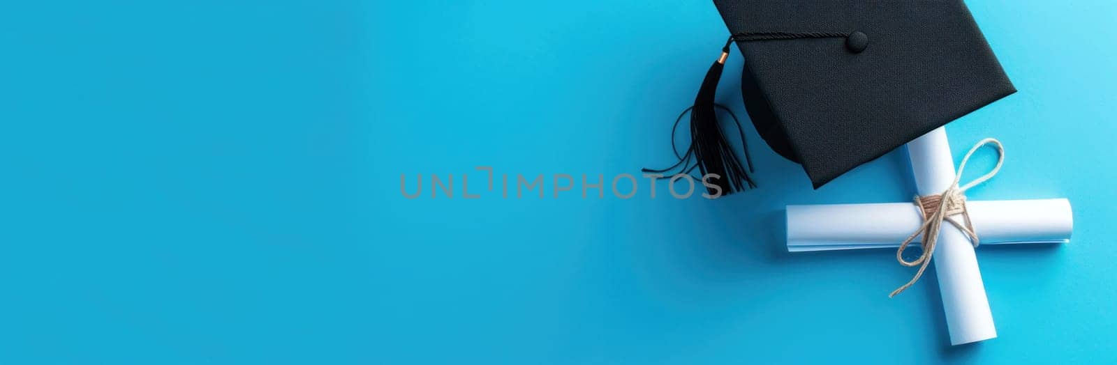 Graduation cap and diploma on blue background with copy space for text or image in education and achievement theme