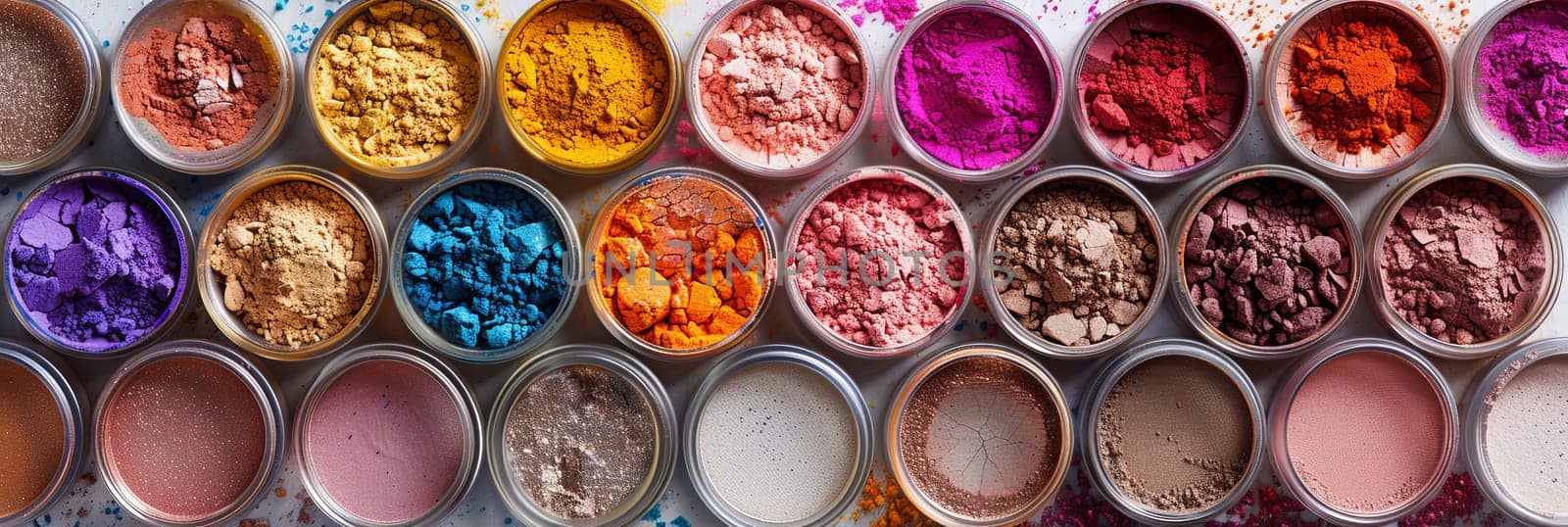 Close-up view of various colorful makeup pigments and powders arranged in small jars.