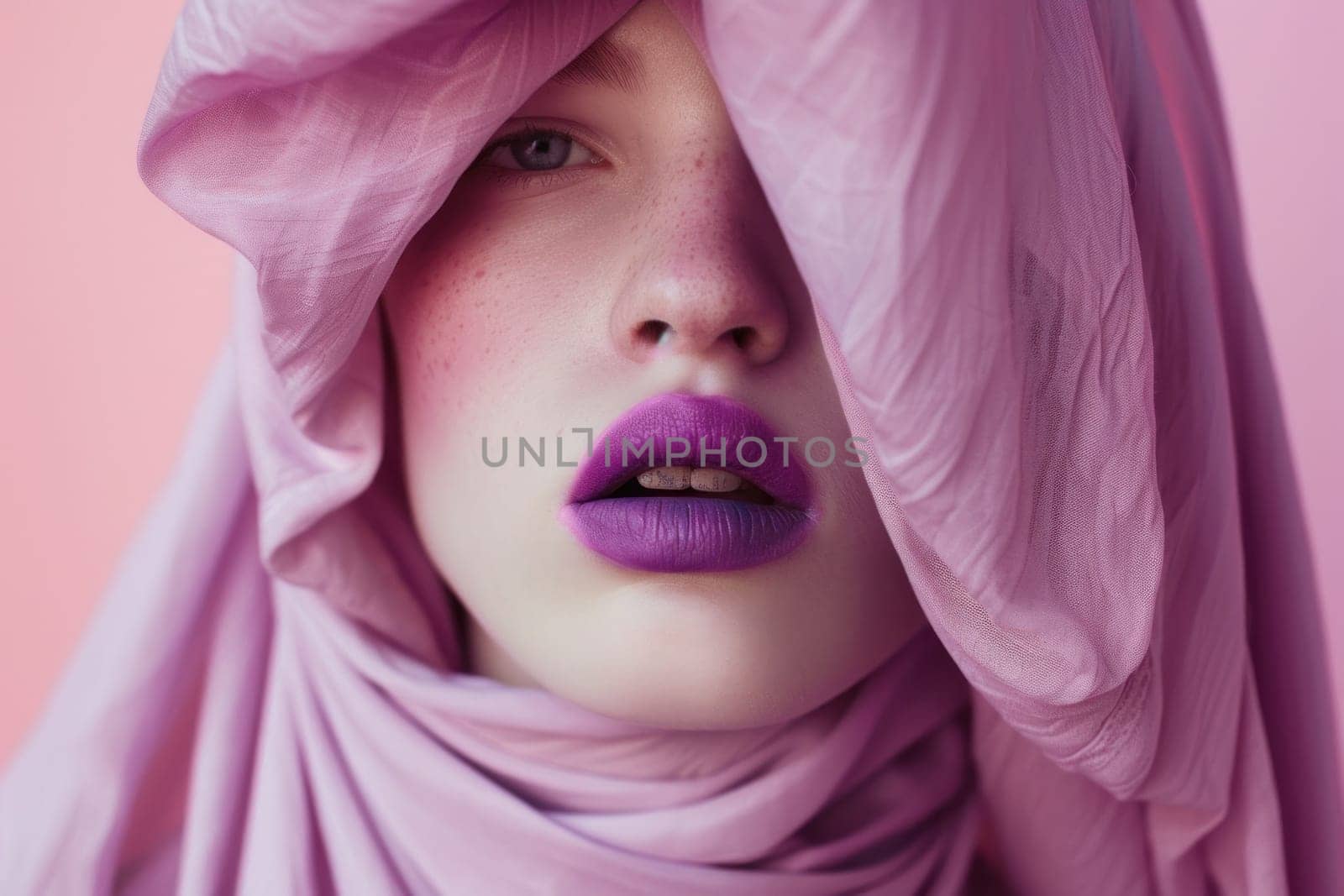 Mysterious woman with purple lips and scarf in pink background, fashion beauty art travel concept by Vichizh