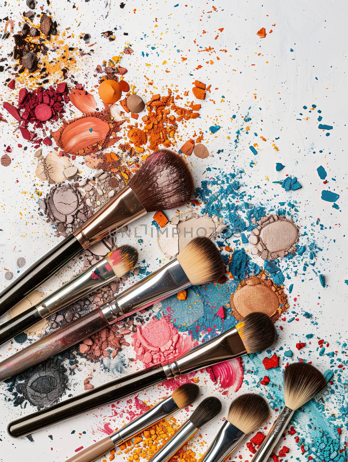 A collection of makeup brushes covered in vibrant eyeshadow and blush powders on a white background. Generative AI by AnatoliiFoto