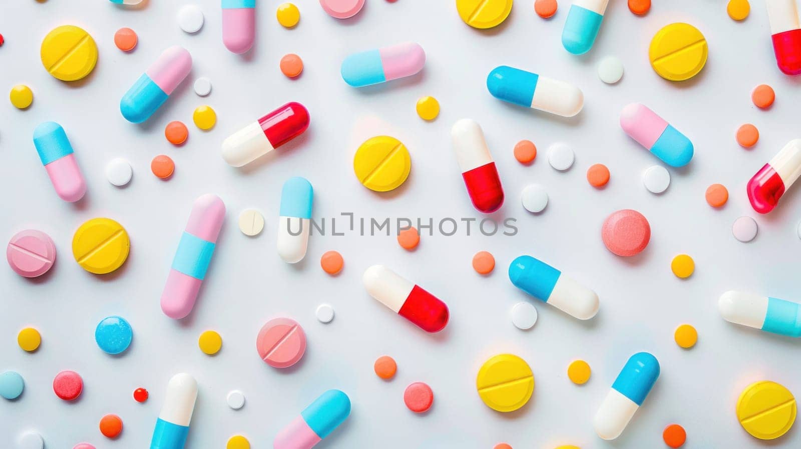 Colorful pills and tablets arranged on white table, medical treatment and health concept top view flat lay shot by Vichizh