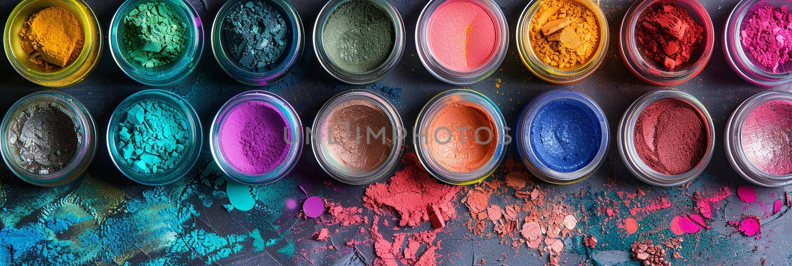 A close-up shot of colorful makeup pigments and powders in small jars, arranged in a row.