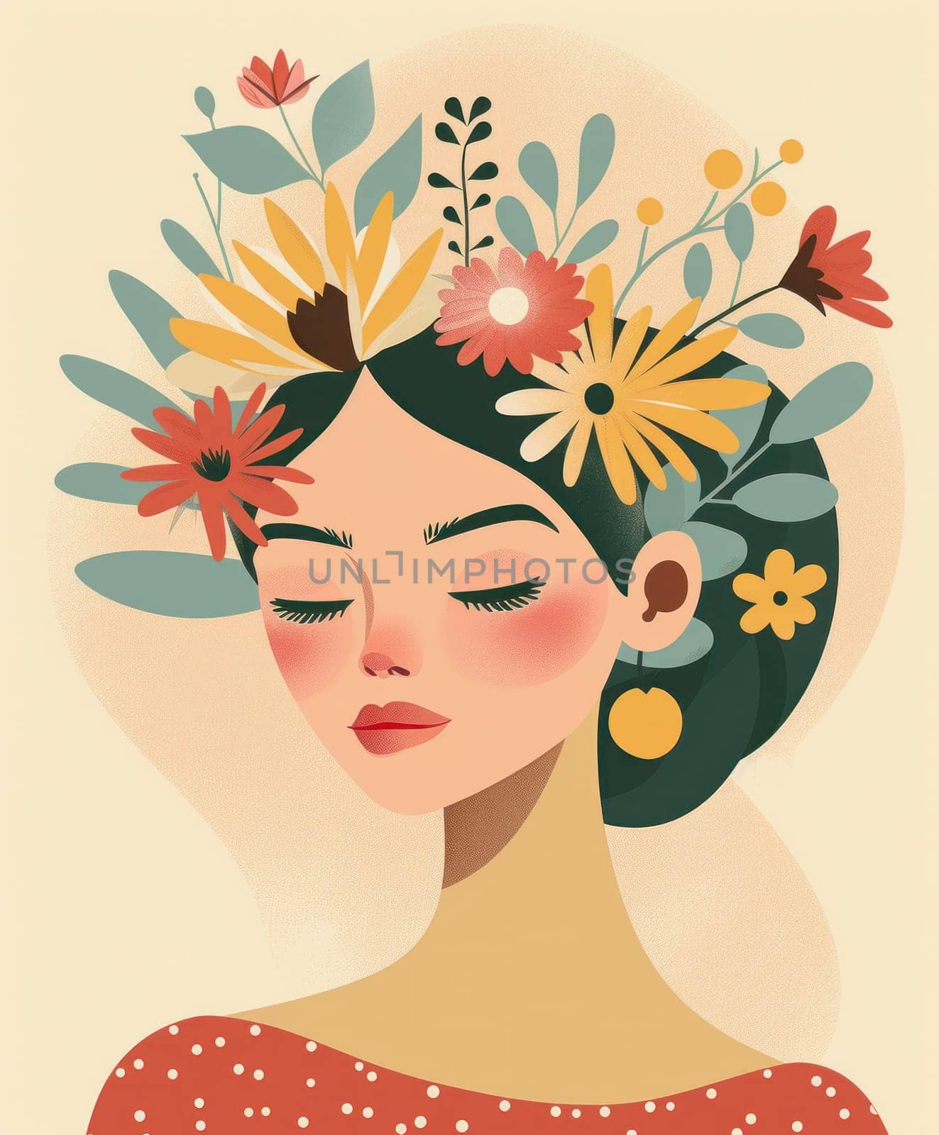 Woman with flowers in hair and polka dot dress standing in a garden beauty and fashion concept illustration by Vichizh